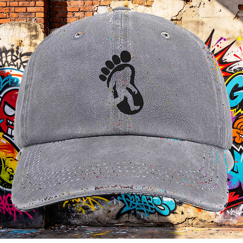 Men's Printed Washed Cap Bigfoot Footprint Design Casual Round Brim Summer Lightweight Hat for Outdoor Adventures Hiking Camping Nature Enthusiasts