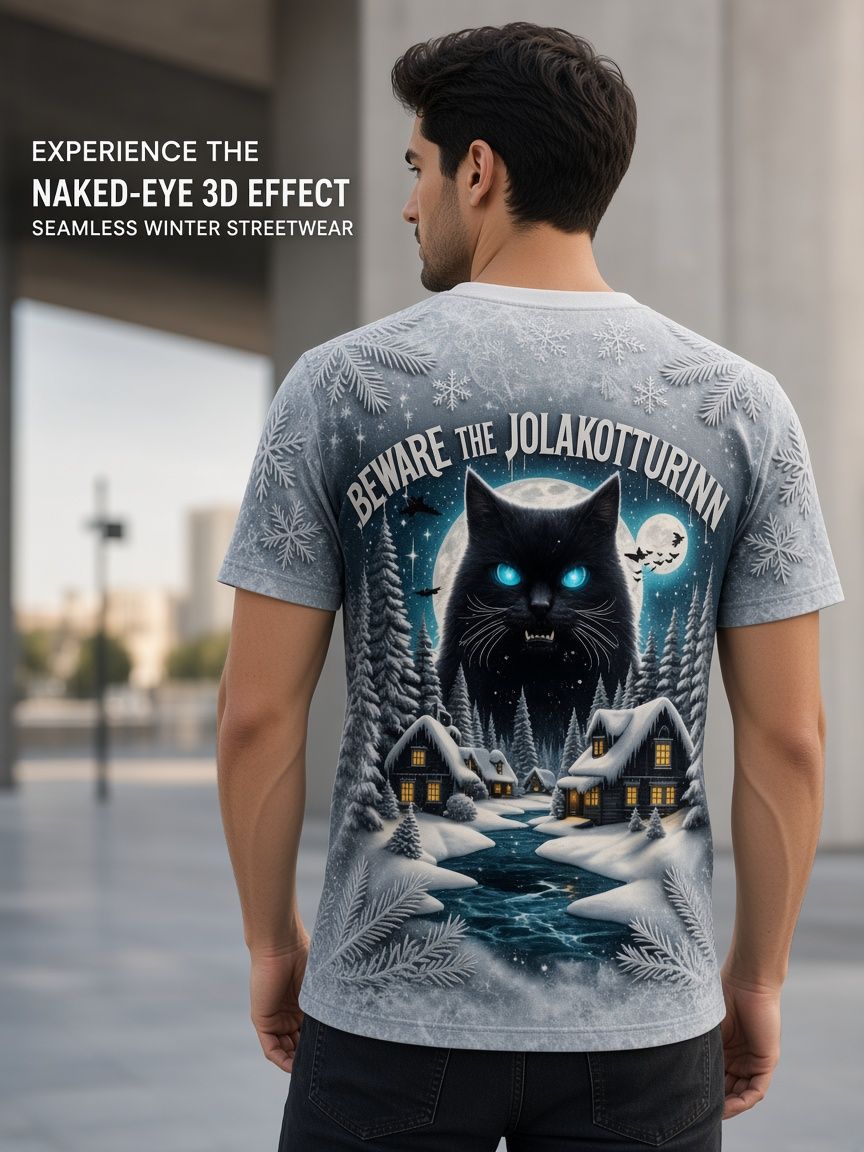 Jolakotturinn Yule Cat 3D Optical Illusion Graphic Tee Breathable Athletic Mesh T-Shirt for Casual and Sports Wear