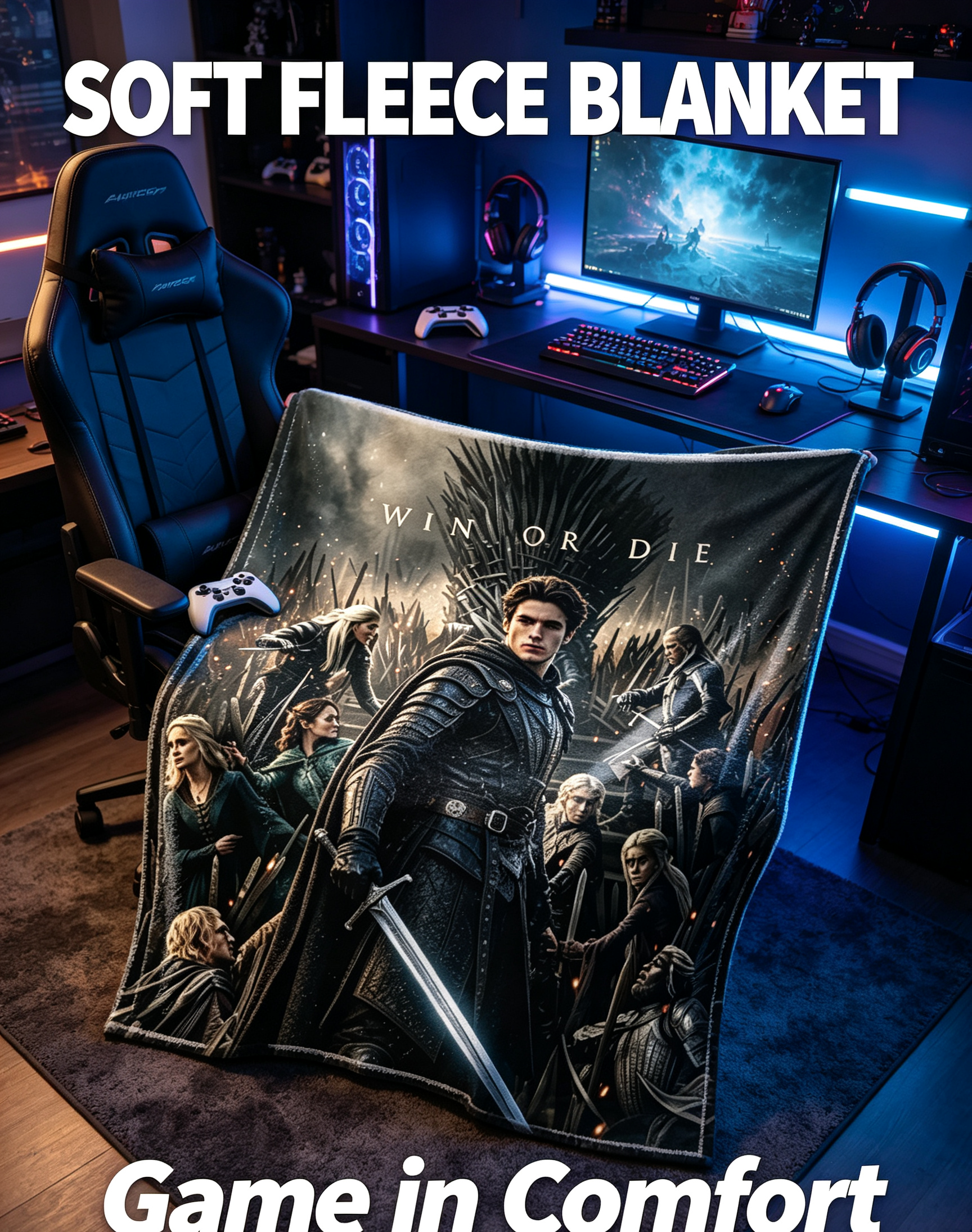 Custom Face Blanket Game of Thrones Inspired Iron Throne Warrior Flannel Blanket Cozy Living Room Bedding Gift for Fans and Collectors