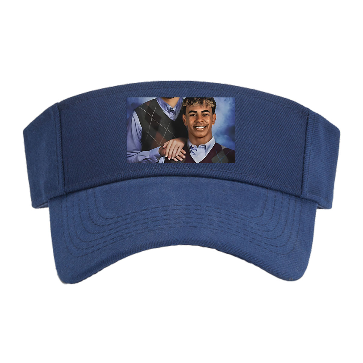 Two Men in Argyle Vests, One Smiling, One Serious, Blue Background -  Visor cap
