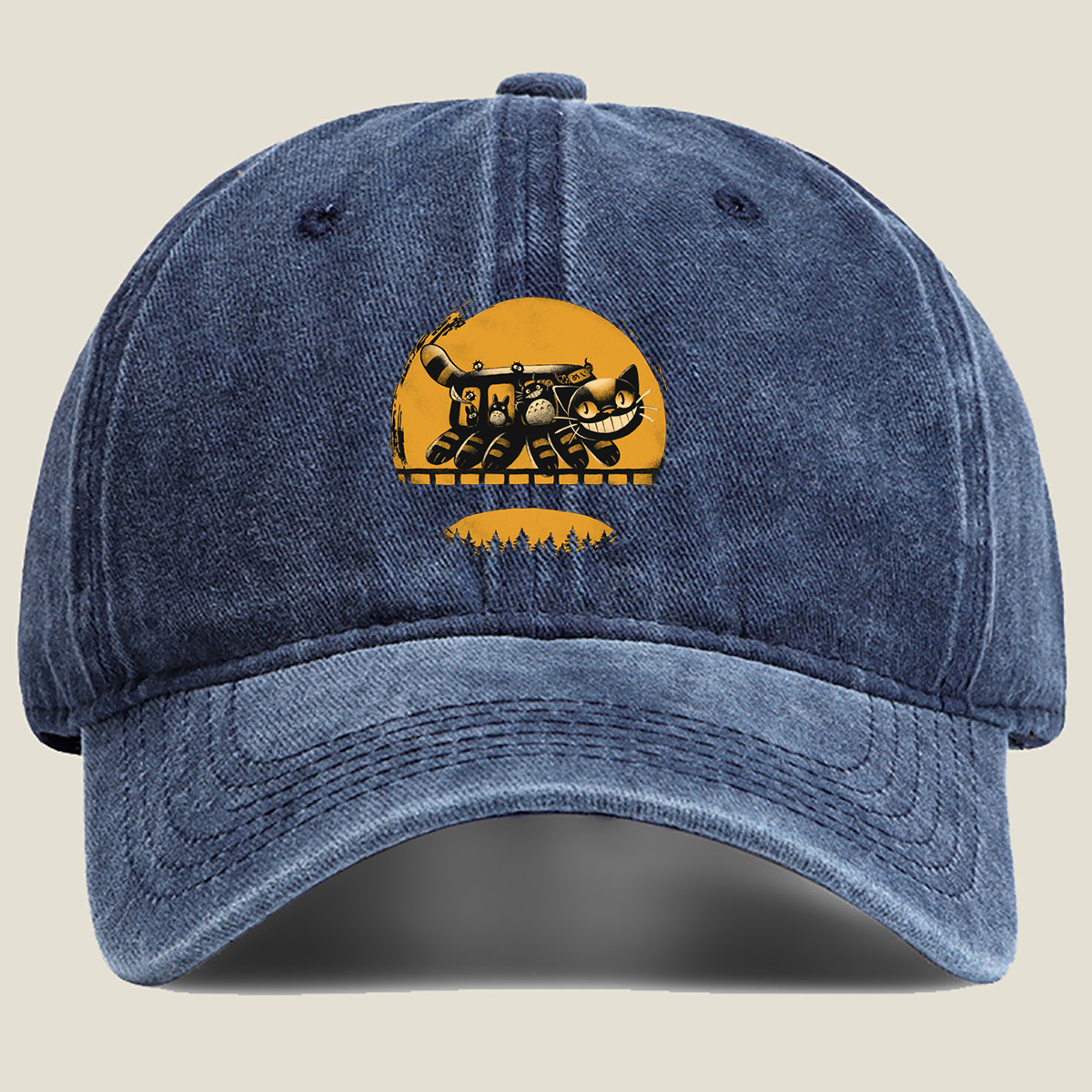 Catbus and Totoro on a Moonlit Journey - Washed Denim - Baseball Cap