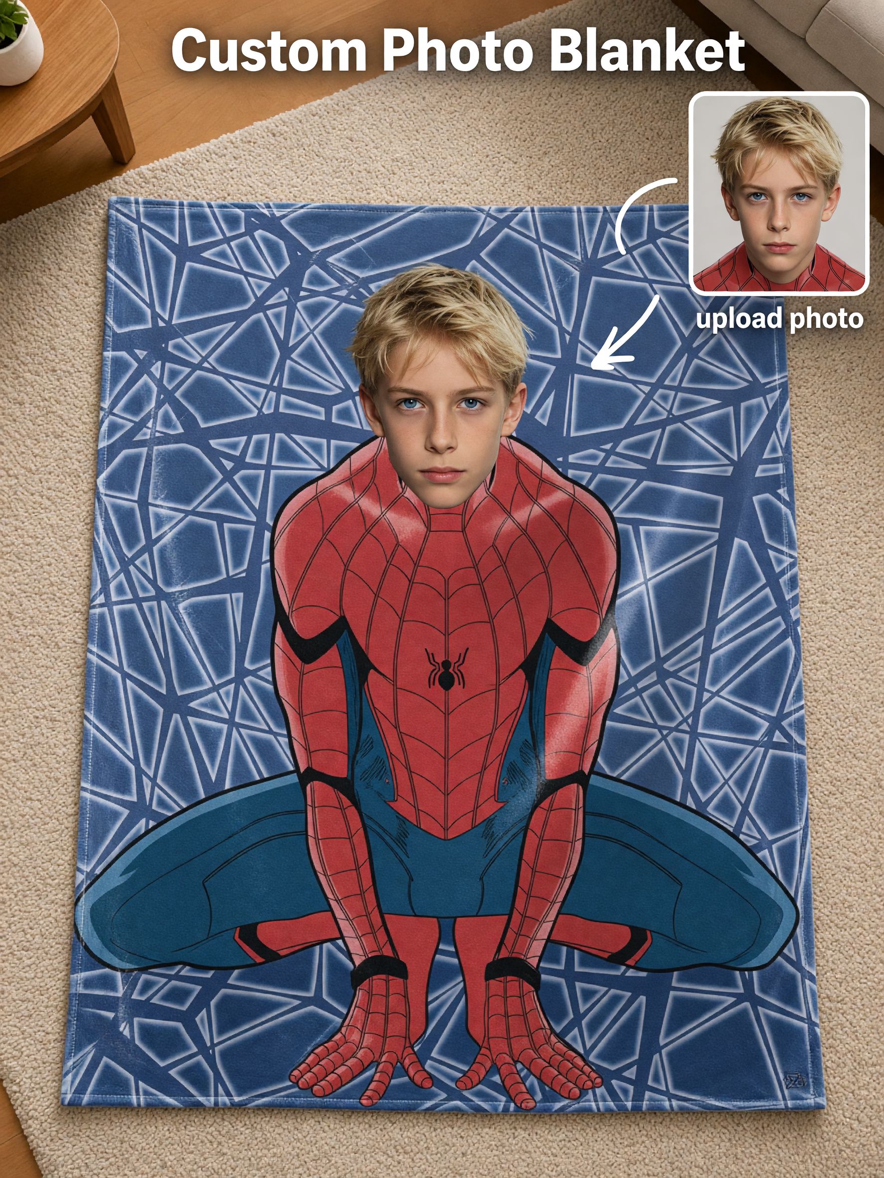 Custom Face Photo Blanket Personalized Superhero Costume Flannel Throw Ultra Soft Cozy Fleece Gift for Kids Adults