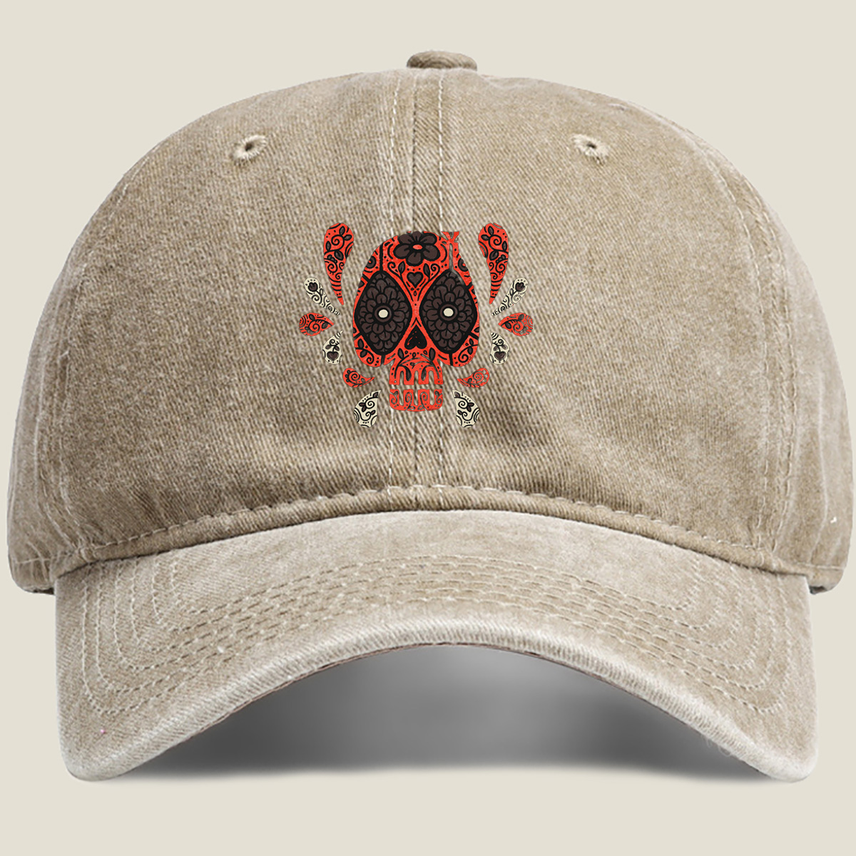 Day of the Dead Sugar Skull Design - Washed Denim - Baseball Cap
