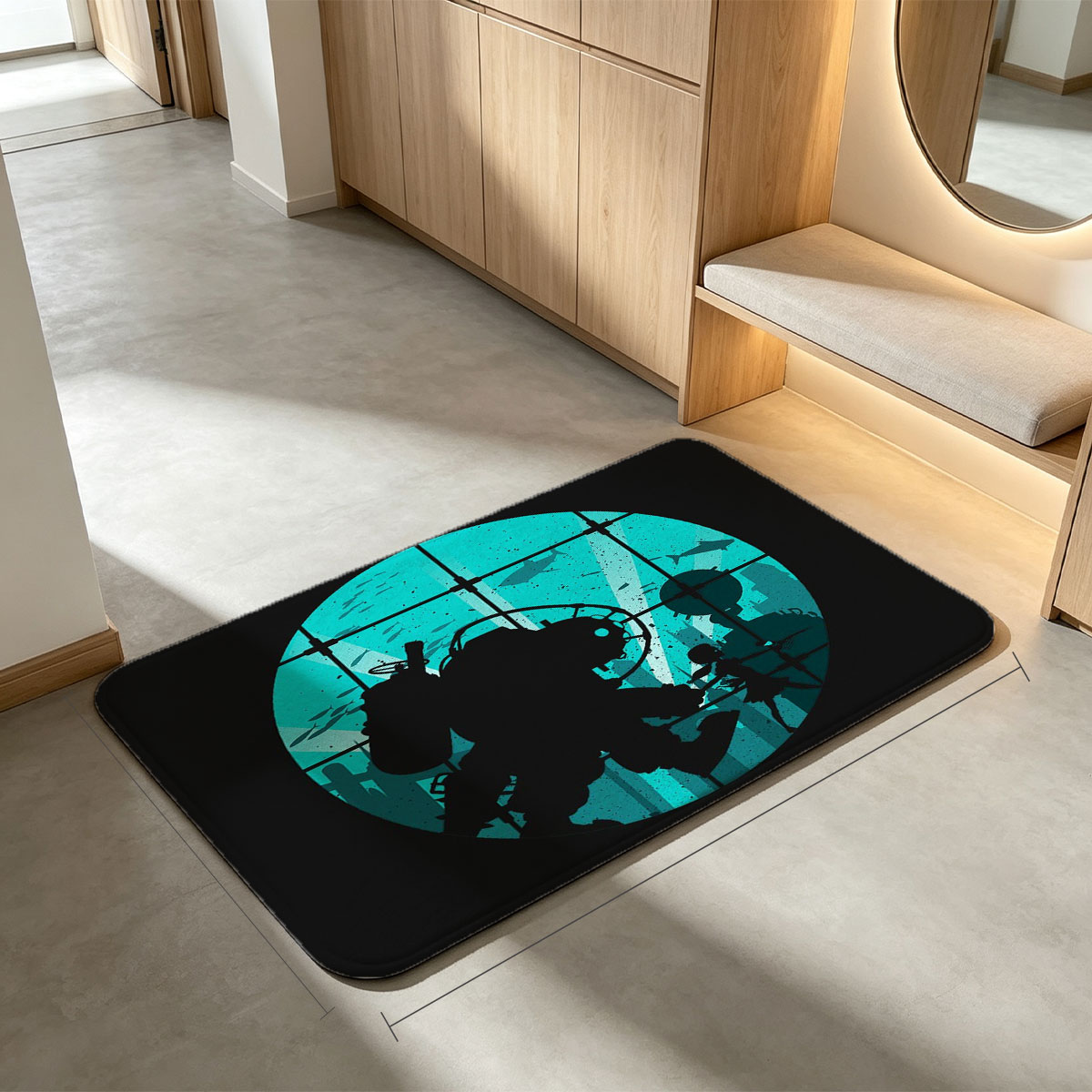 Deep Sea Diver and Child in Underwater City Silhouette - Flannel floor mat