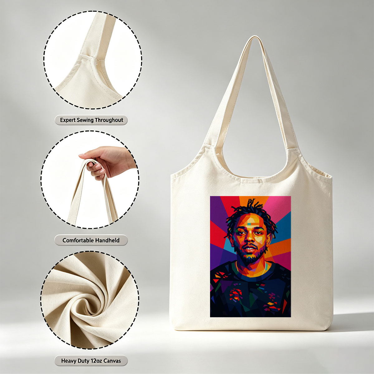Kendrick Lamar Portrait in Vibrant Geometric Art Style with Colorful Radiant Background - Canvas shoulder bags/