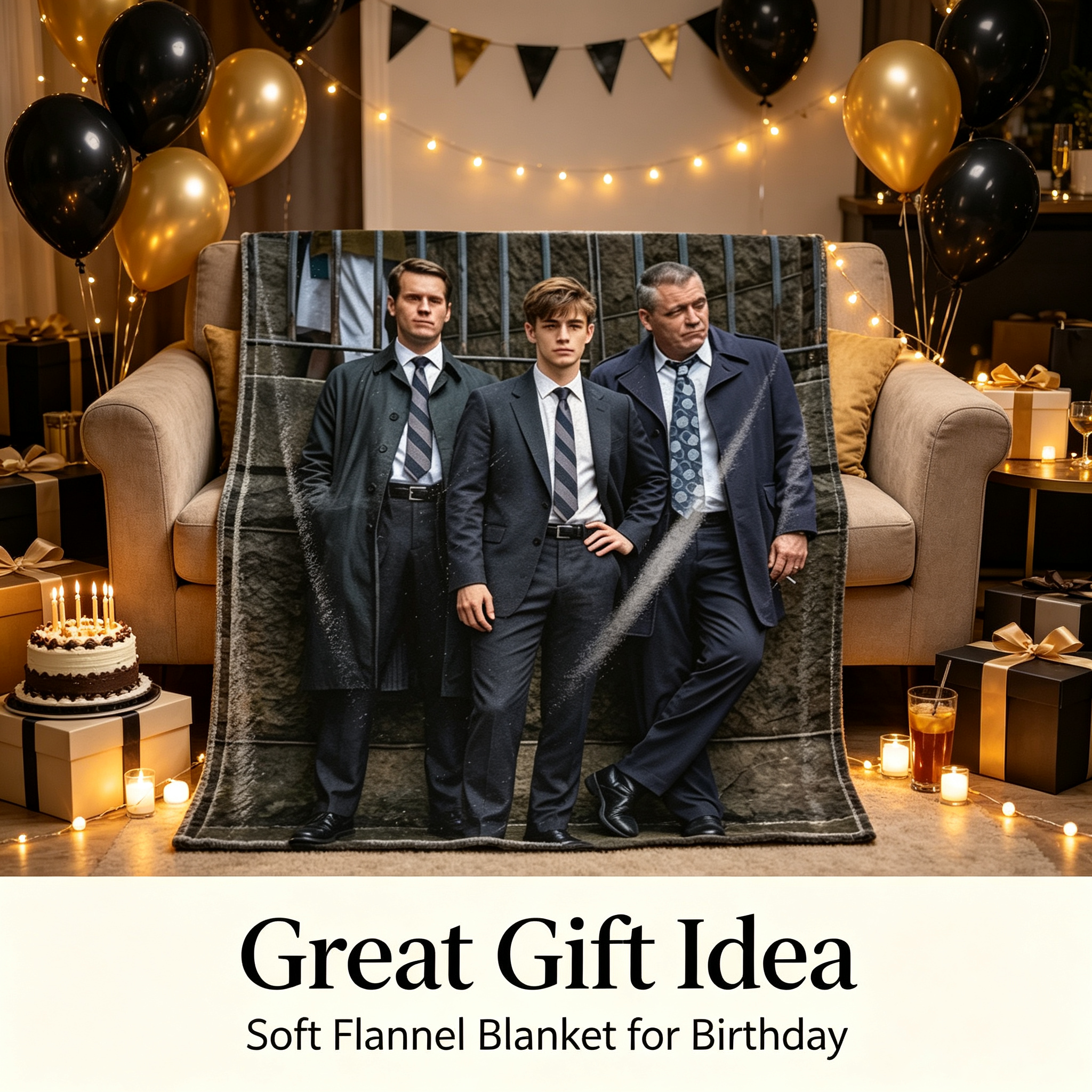 Custom Face Blanket Featuring Three Men in Suits Standing Against Stone Wall Flannel Blanket Perfect for Home Decor or Cozy Nights Gift Idea for Fans of Classic Style and Drama Series