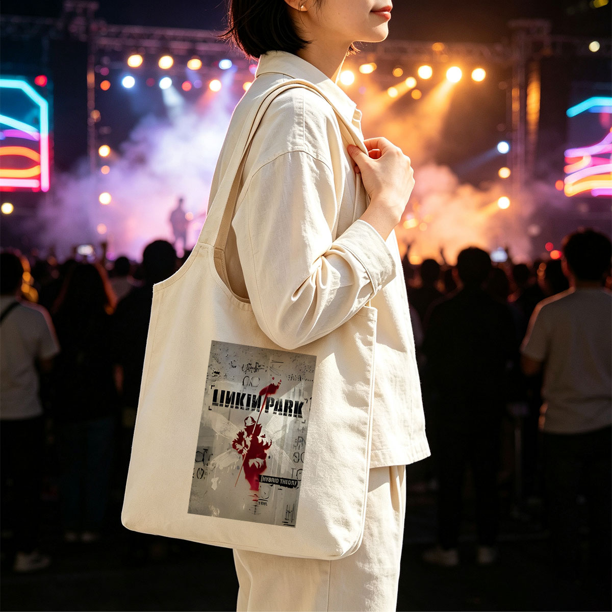 Linkin Park Album Cover Featuring a Red Silhouette of an Angel with Wings and a Spear Against a Graffiti-Style Background - Canvas shoulder bags/