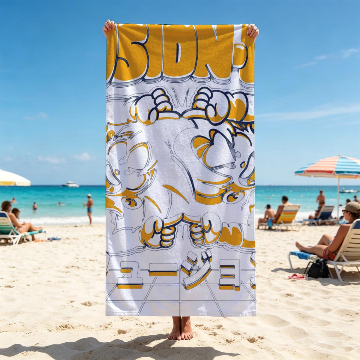 Fusion-Ha: Two Cartoon Characters in Dynamic Pose with Japanese Text and Palm Trees Background - Beach towels