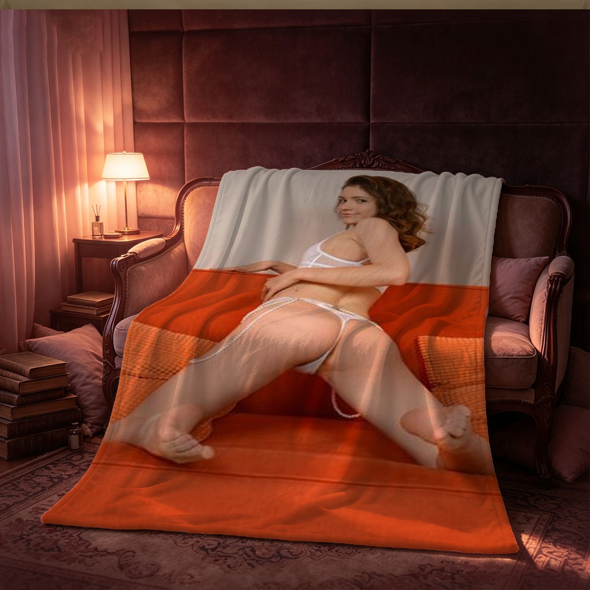Nude blonde kneeling on red satin sheets, head resting on hands. - Blanket