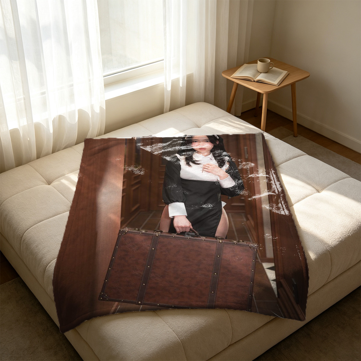 A woman in green lace lingerie lounging on a couch by the window. - Blanket