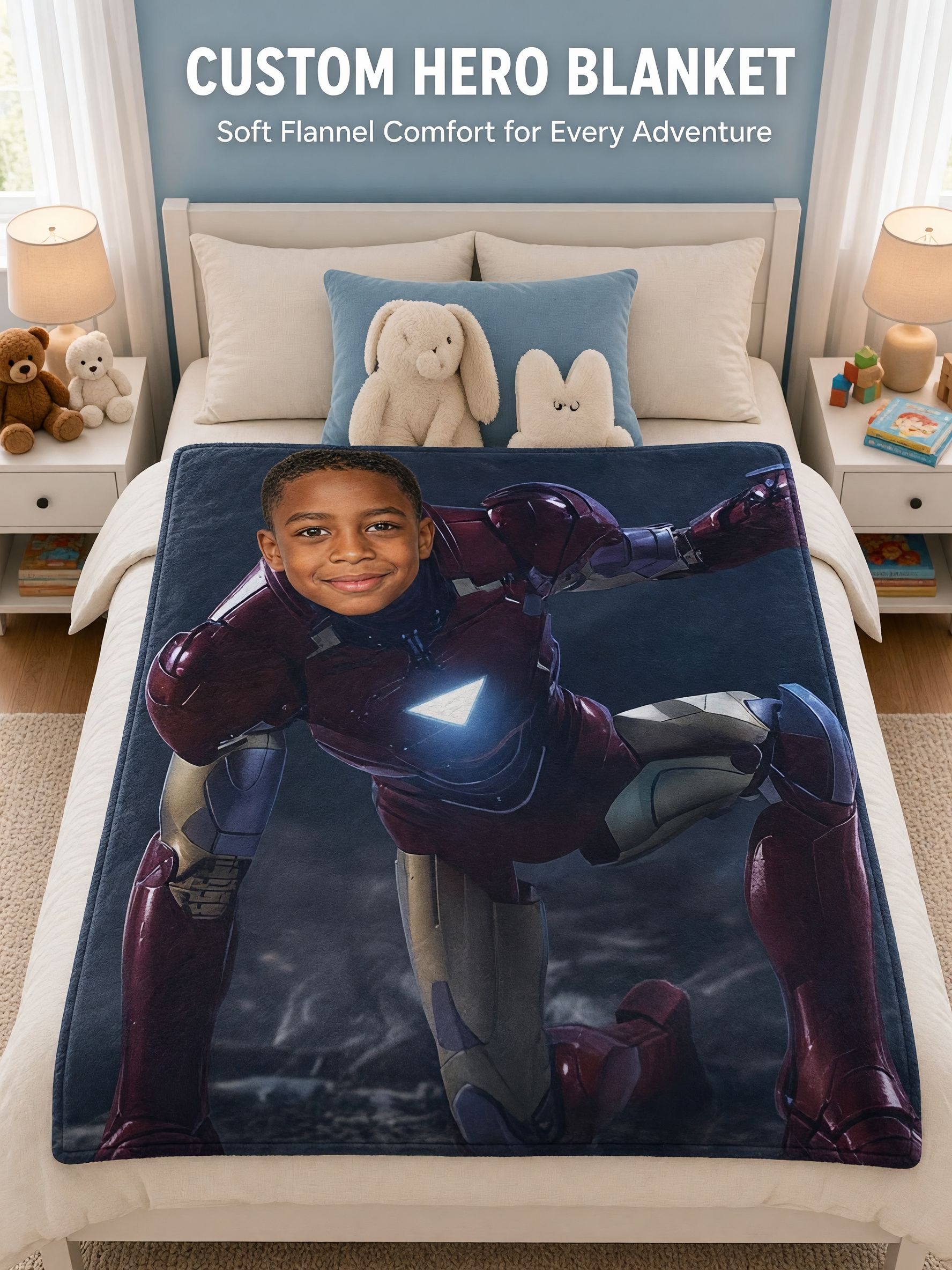 Custom Face Superhero Flannel Blanket, Personalized Photo Plush Throw for Kids and Adults, Cozy Bed and Couch Gift