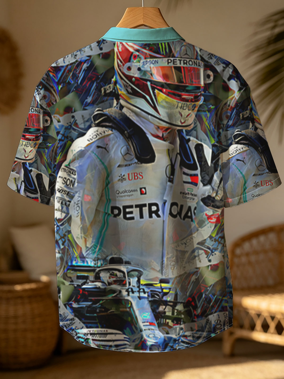 Lewis Hamilton in Mercedes F1 Racing Suit and Helmet, Petronas Sponsorship, Artistic Collage Style -  Shirt