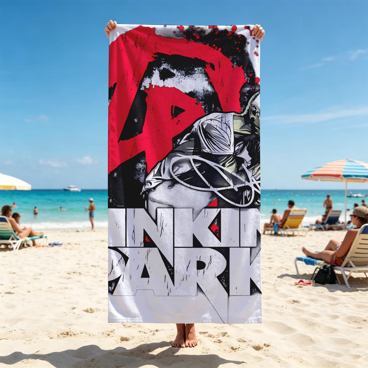 Linkin Park - Chester Bennington Singing with Band Logo - Beach towels