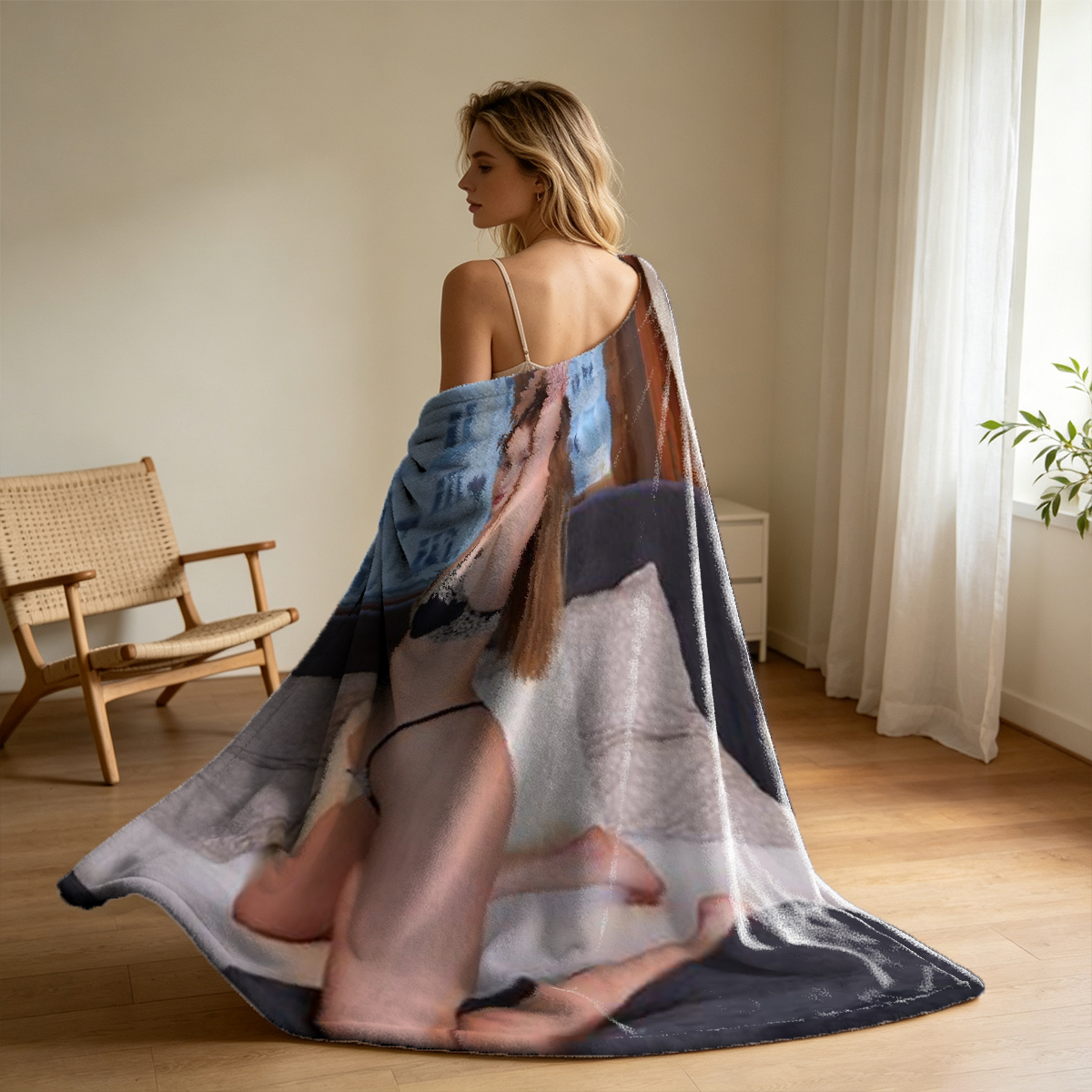 Nude Japanese Model Smiling on Bed - Blanket