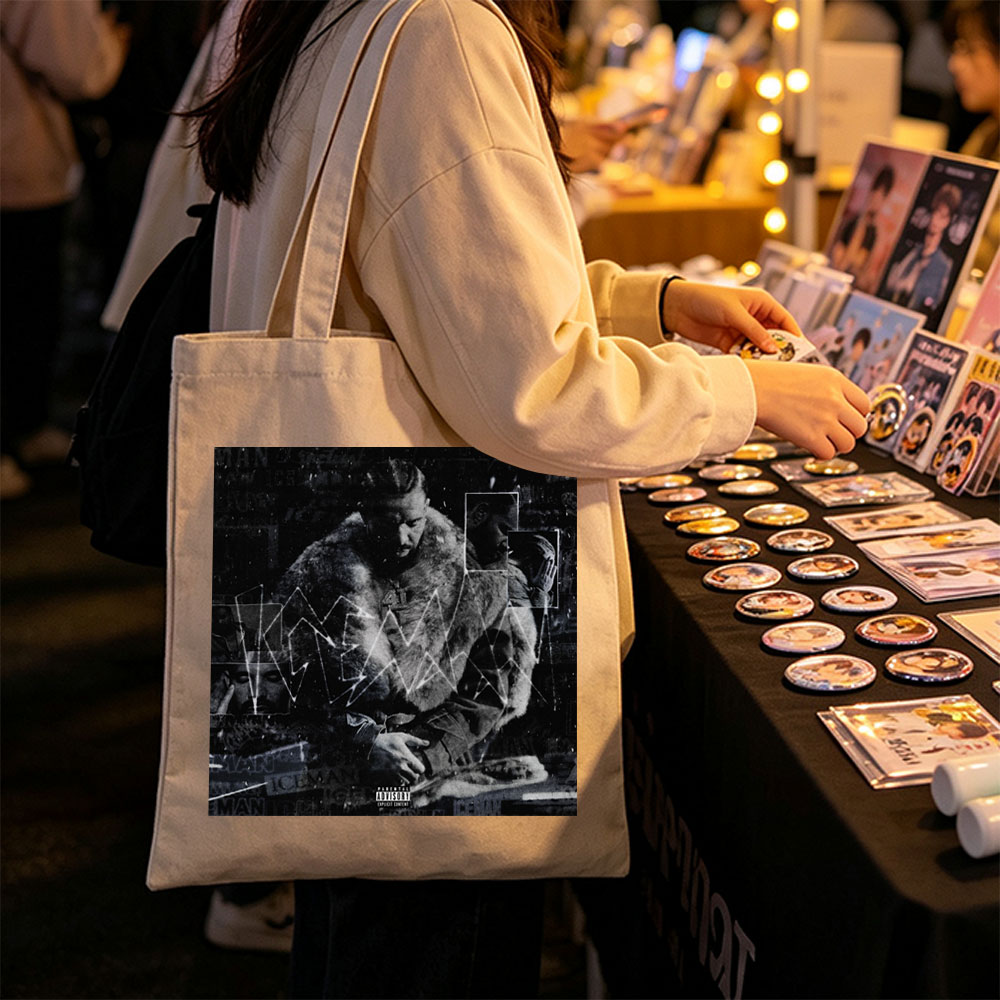 Kendrick Lamar in a fur-lined coat with geometric overlays and collage elements on a dark, textured background - Canvas tote bags