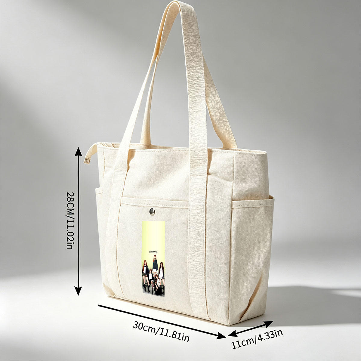 LE SSERAFIM Group Photo in School-Inspired Outfits on a Bright Green Background - Multi-pocket bags