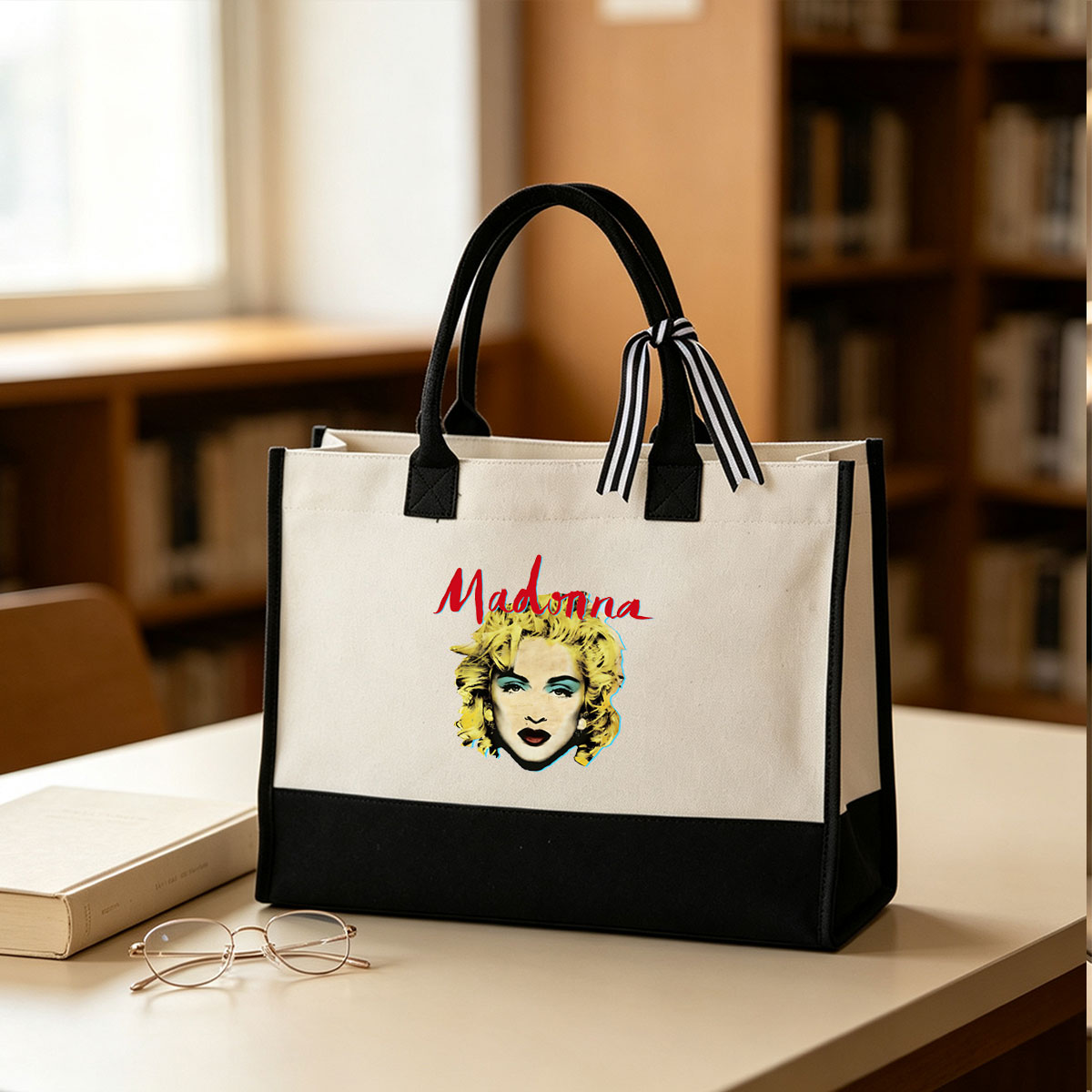 Madonna: Iconic Pop Star with Bold Makeup and Signature Blonde Hair - Canvas patchwork gift tote bag