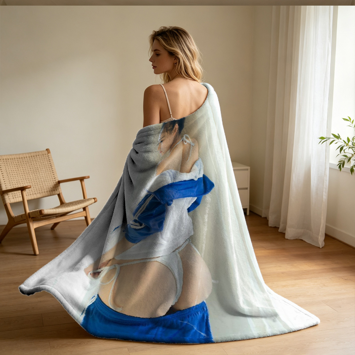 Elegant Woman in White Buttoned Top and Black Stockings by Window - Blanket