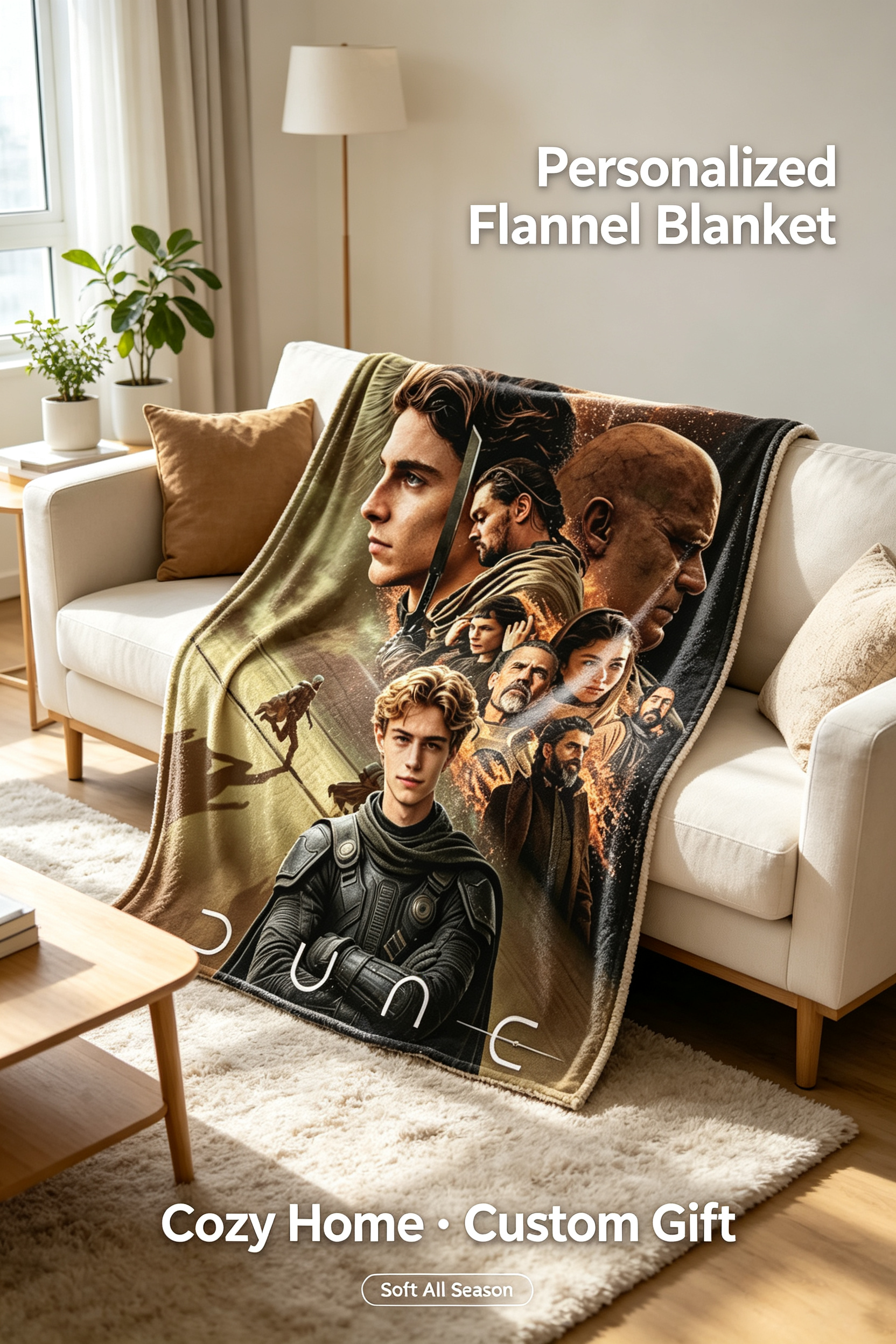 Custom Face Blanket Dune Movie Characters Flannel Blanket Perfect for Fans of Sci-Fi Films Cozy Bedding Gift for Men Women and Teens
