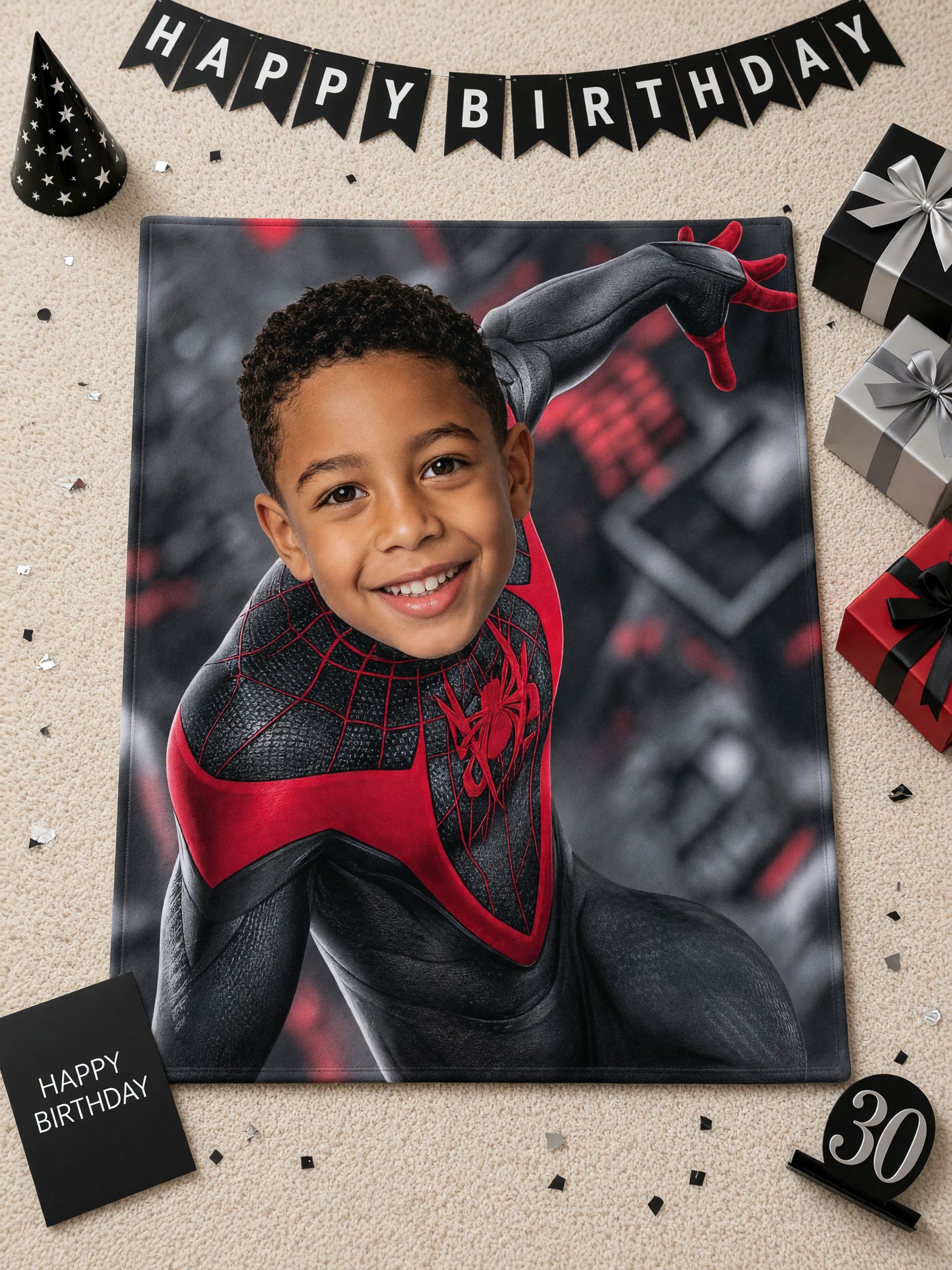 Custom Face Flannel Blanket with Red and Black Superhero Suit Design Soft Cozy Personalized Photo Throw Gift for Boys