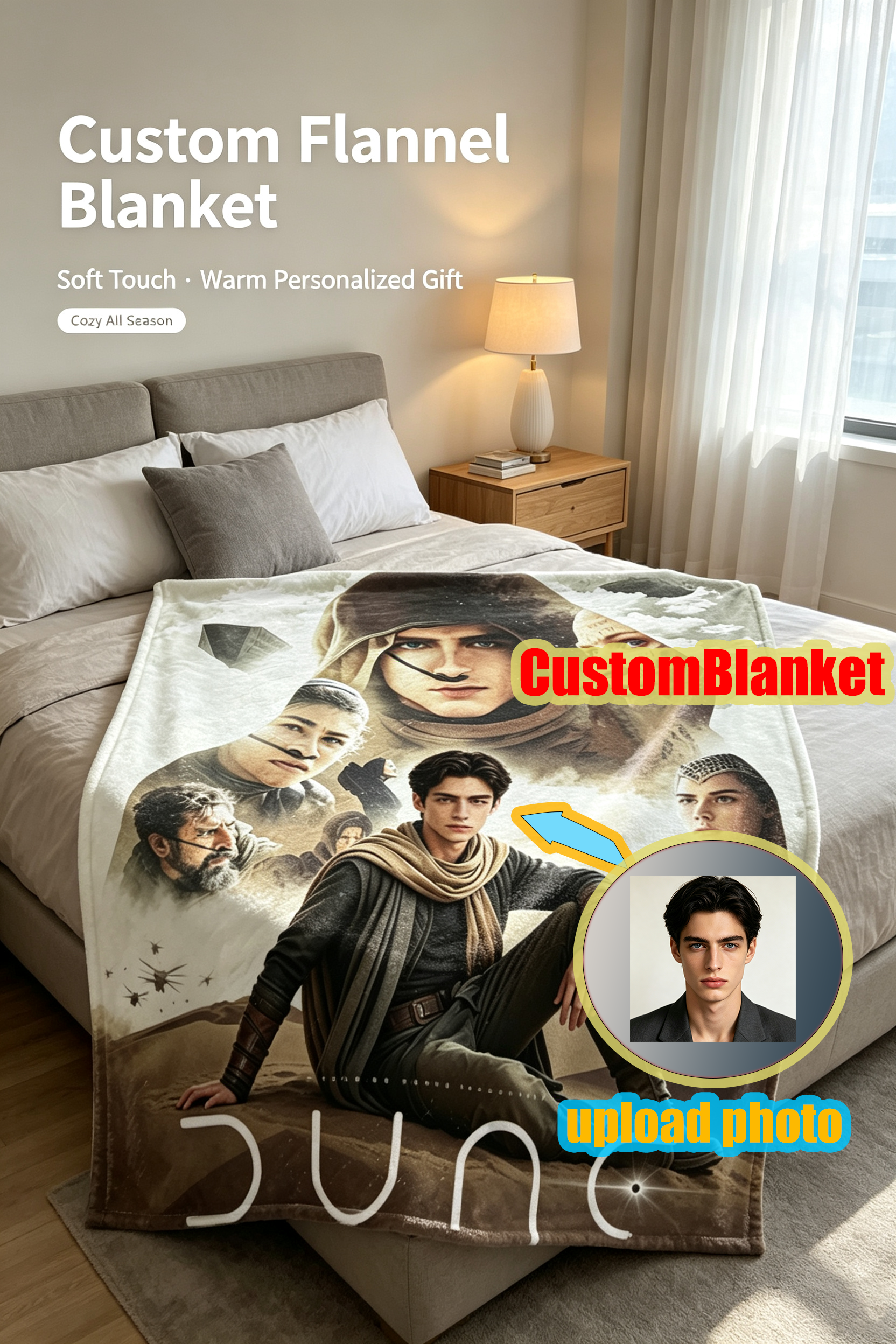 Custom Face Blanket Dune Part Two Flannel Blanket Movie Character Portrait Cozy Throw Blanket for Fans Home Decor Gift or Giveaway
