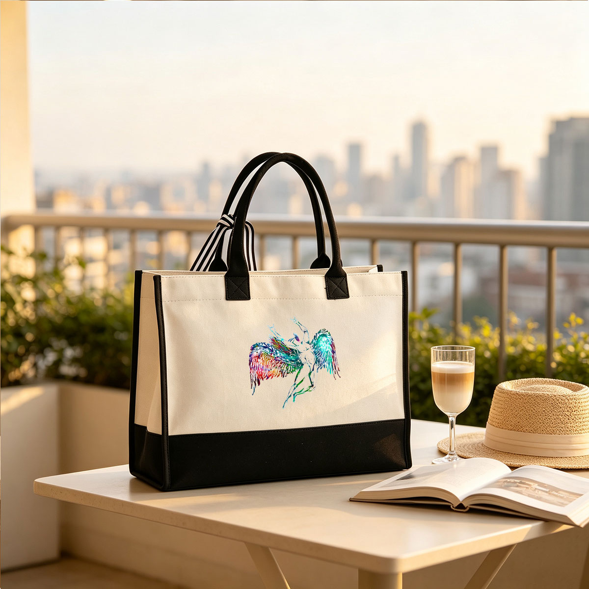 Colorful Winged Figure in Dynamic Pose - Canvas patchwork gift tote bag