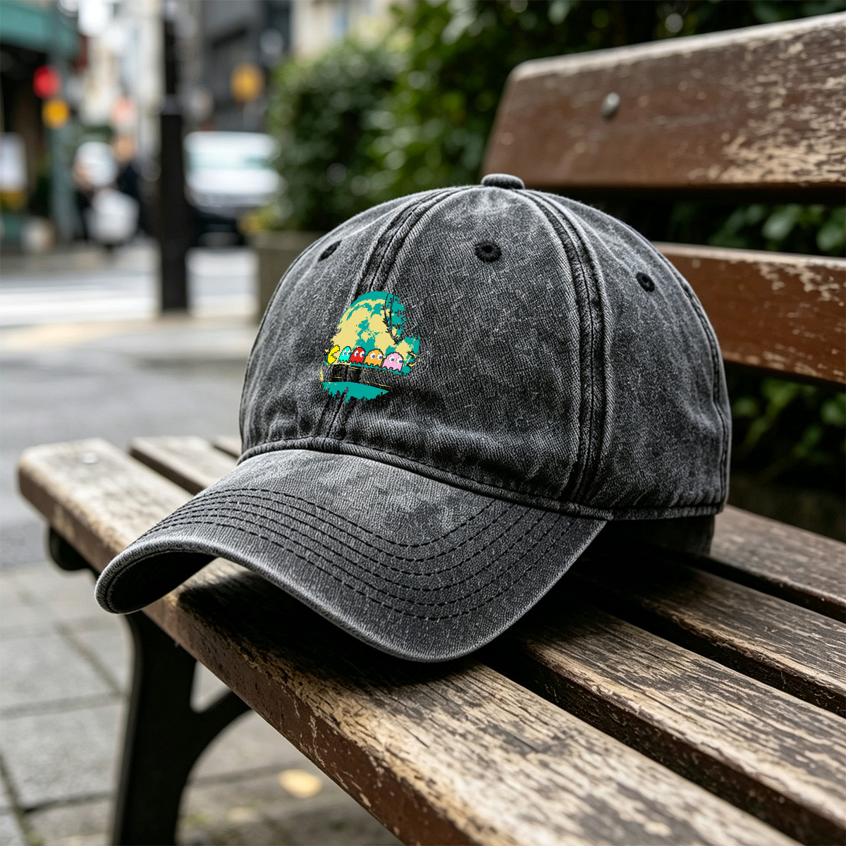 Pac-Man and Ghosts Under the Moon - Washed Denim - Baseball Cap