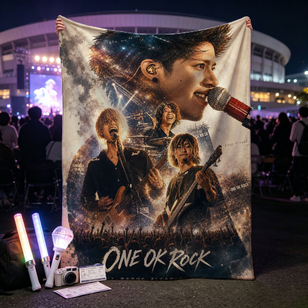 ONE OK ROCK Live Concert Performance with Band Members on Stage and Crowd in the Background - Blankets