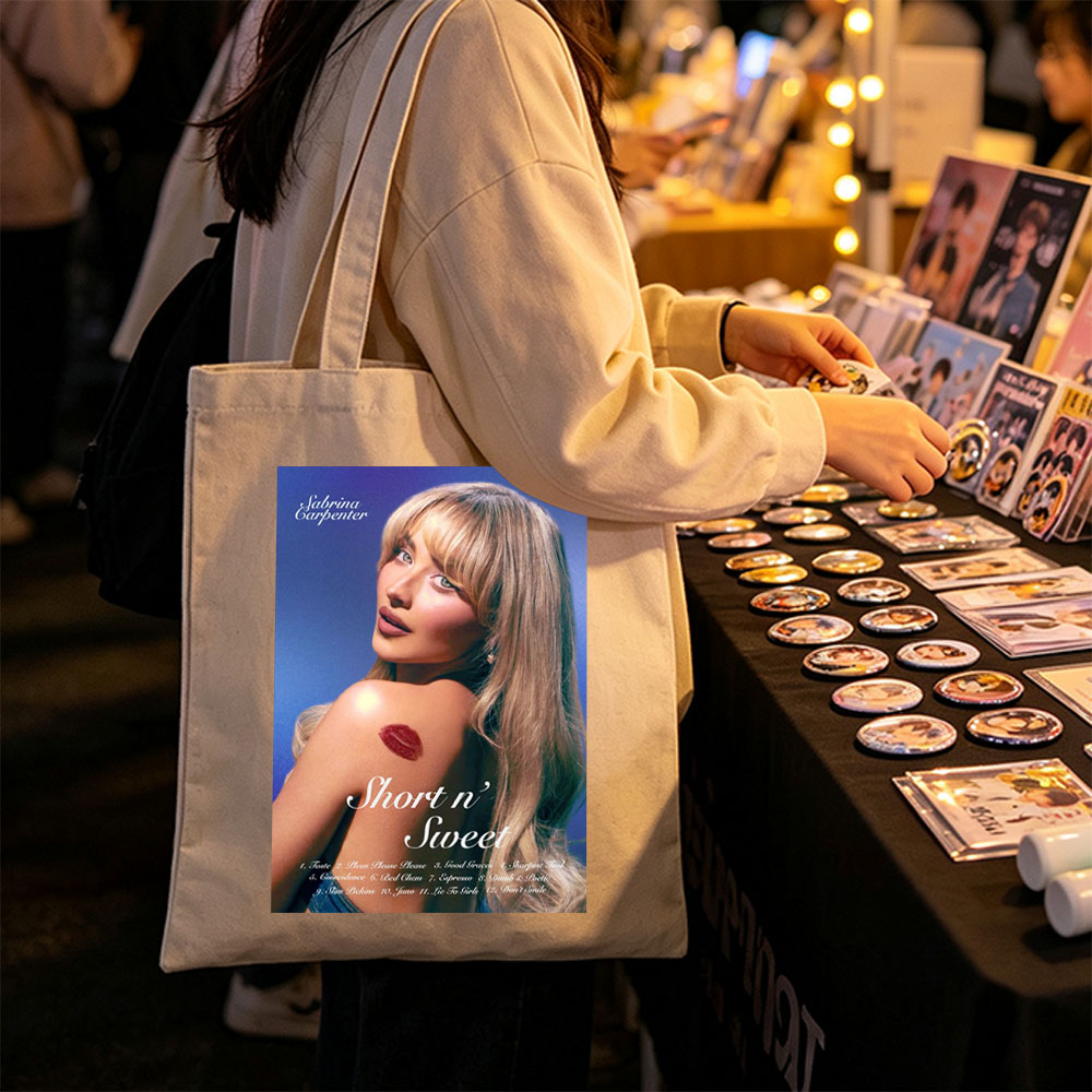 Sabrina Carpenter Album Cover Featuring Her with Lipӡ on Shoulder and Tracklist for Short n' Sweet - Canvas tote bags