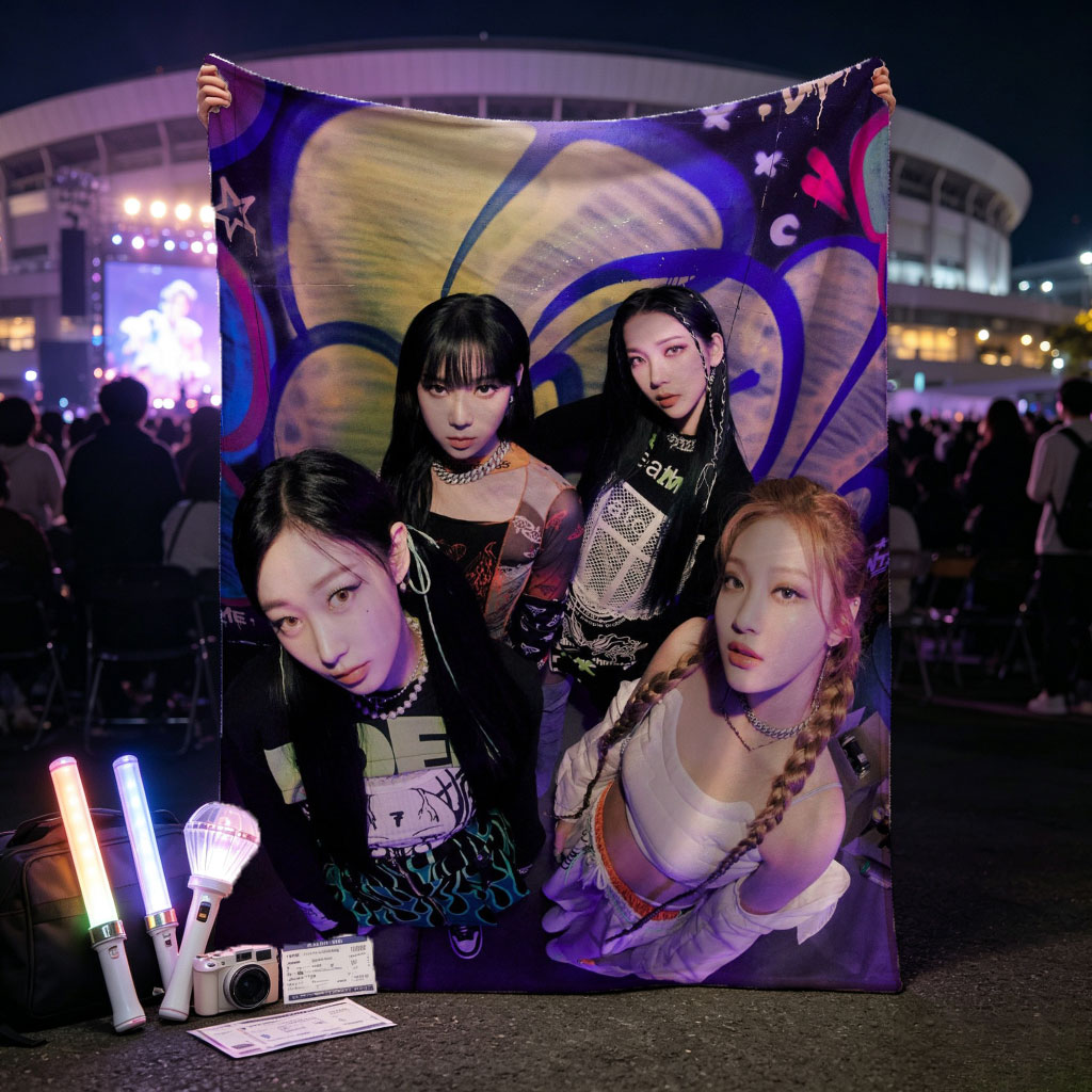 Aespa Members Pose in Vibrant Graffiti Room with Purple Lighting and Bold Streetwear Styles - Blankets