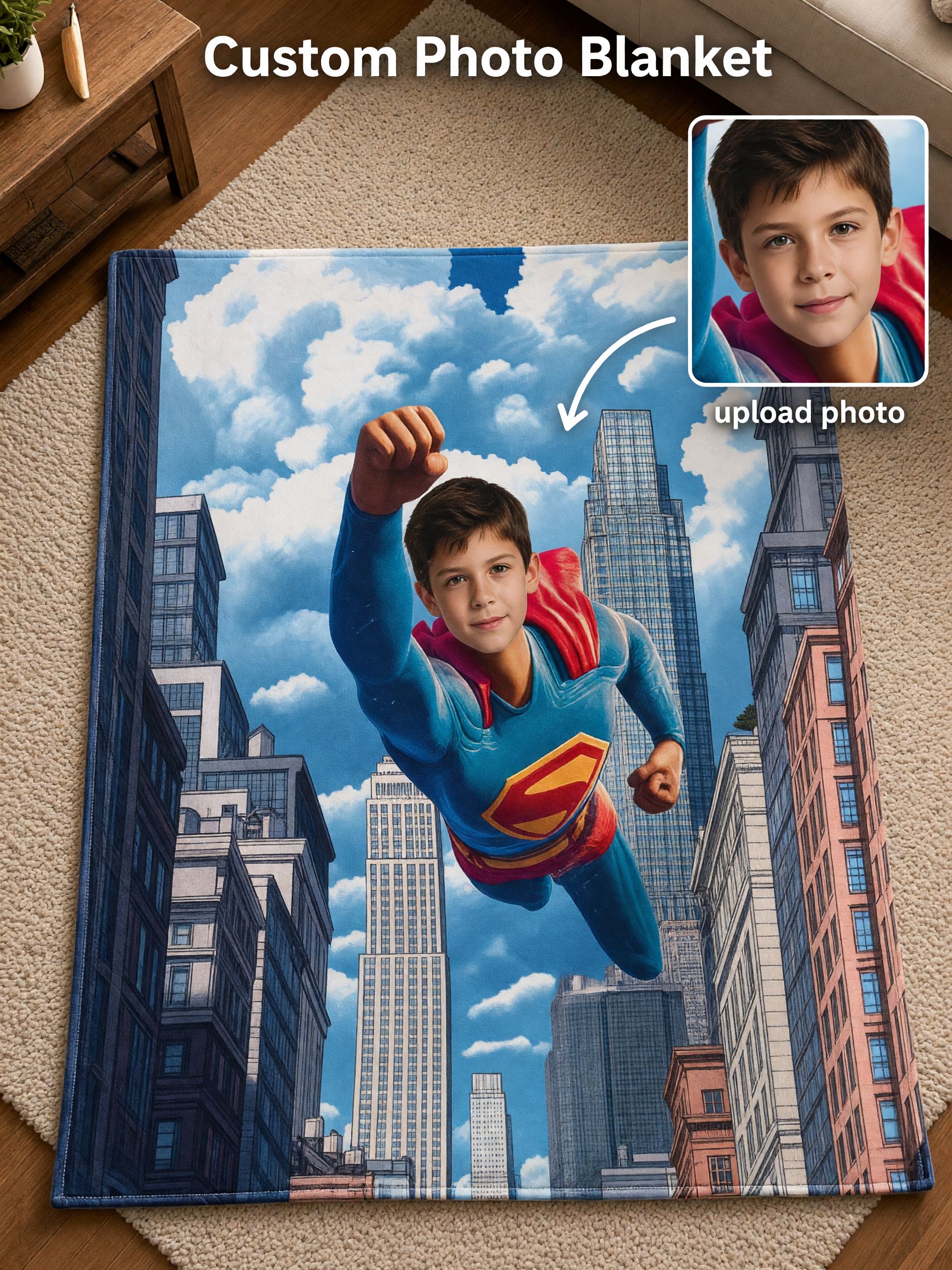 Custom Superhero Face Photo Flannel Blanket, Ultra Soft Flying Hero Throw, Ideal Personalized Gift for Kids and Family