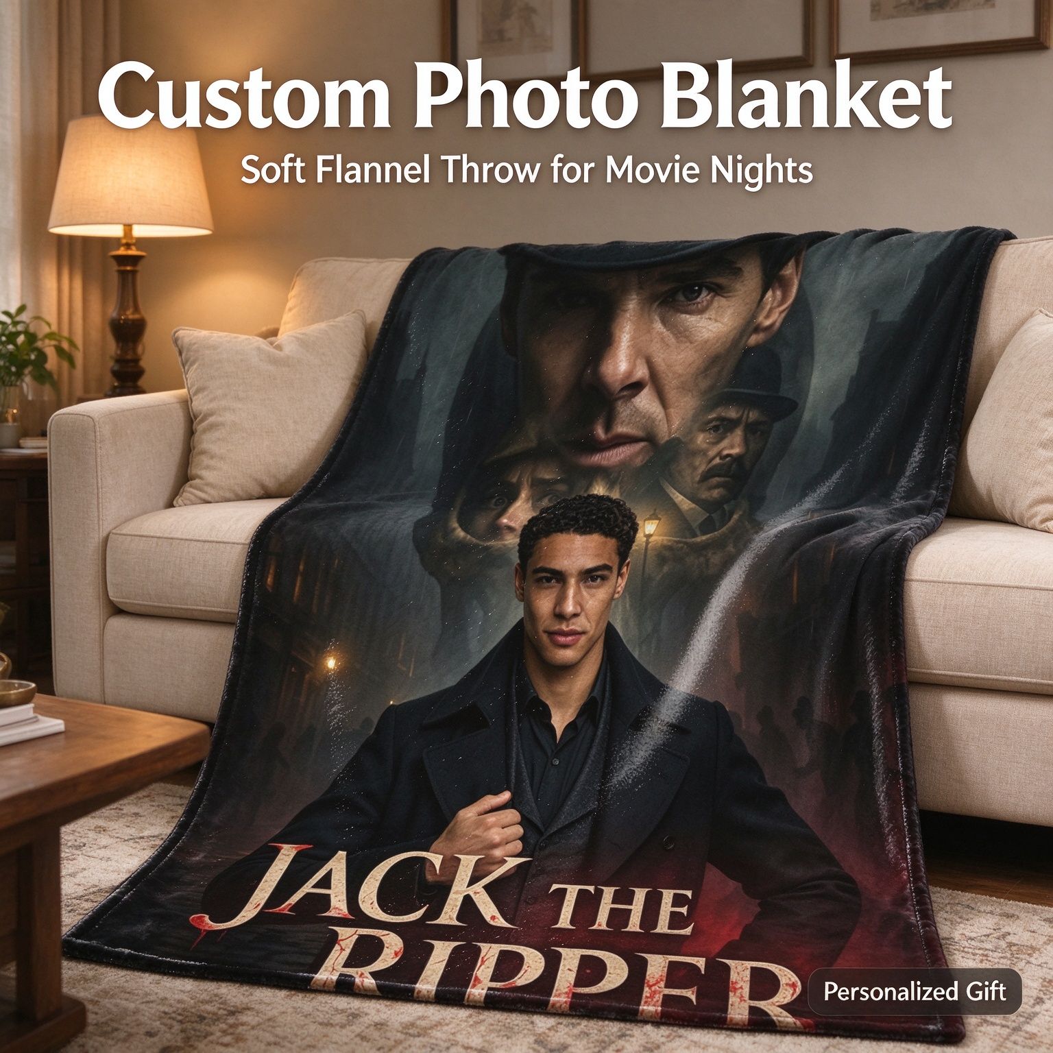 Custom Photo Flannel Fleece Throw Blanket Personalized Face Portrait Print Ultra Soft Warm Plush Blanket for Bed Sofa