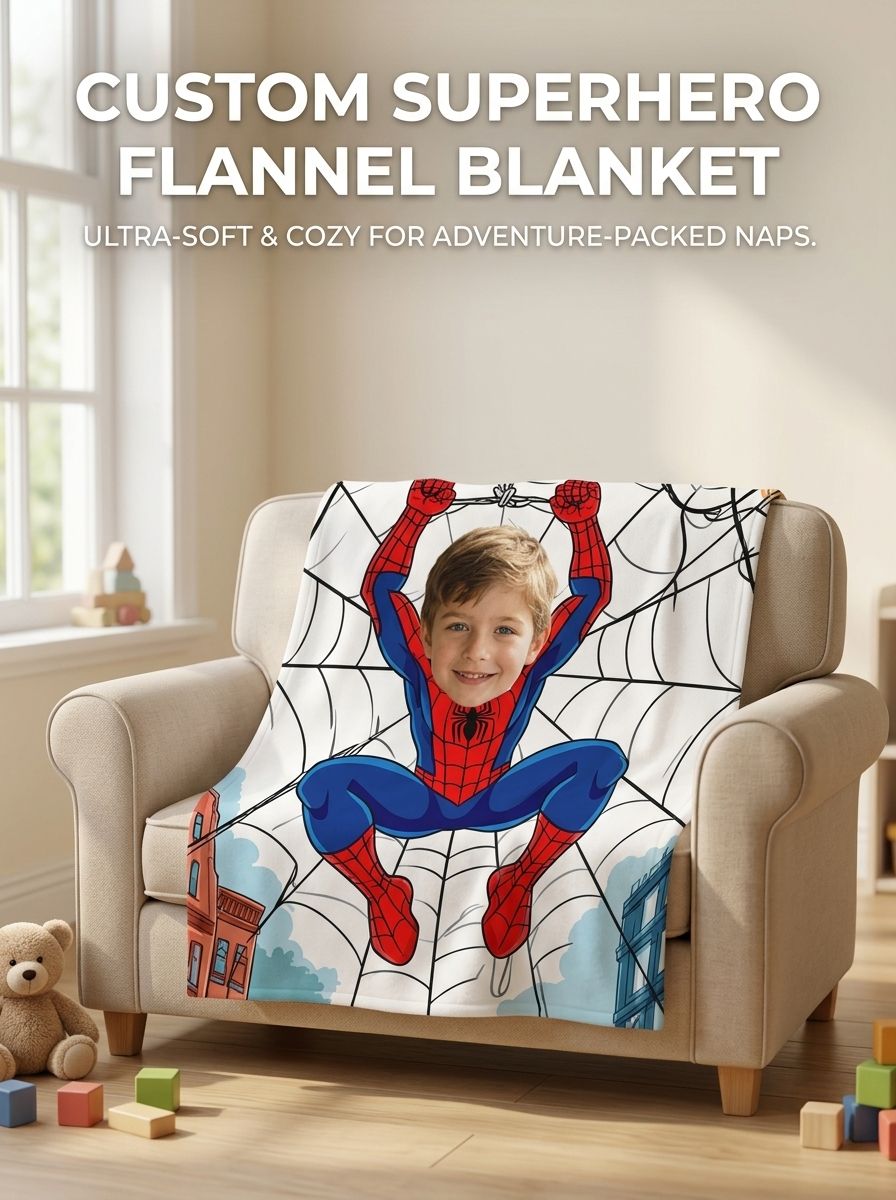 Custom Superhero Face Blanket Personalized Photo Flannel Throw Soft Cozy Fleece Bed Couch Blanket for Kids and Fans