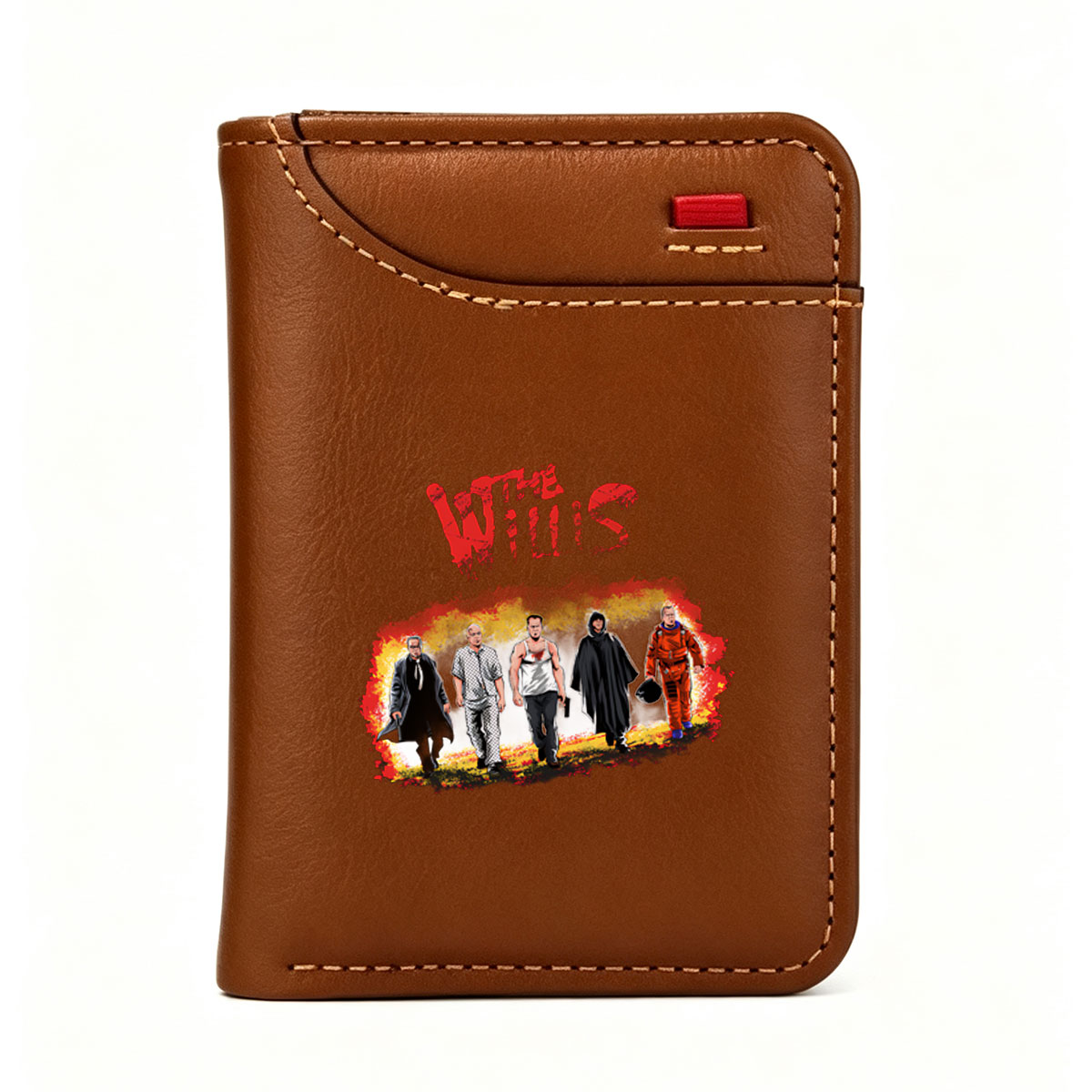 The Willis: A Group of Iconic Characters in Distinct Outfits, Including a Priest, Patient, Tank-Top Man, Hooded Figure, and Astronaut, Set Against a Fiery Background - Vertical Style Wallet