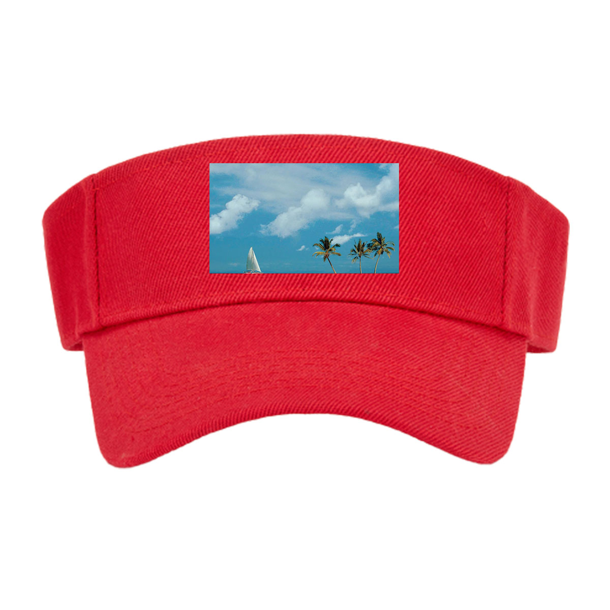 Sailboat near tropical island with palm trees under blue sky -  Visor cap