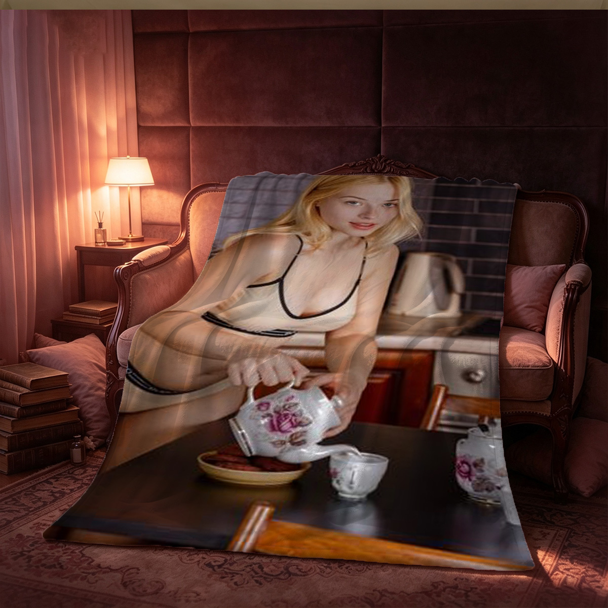 Blonde Woman in White Lingerie Posing by Window in Bright Room - Blanket