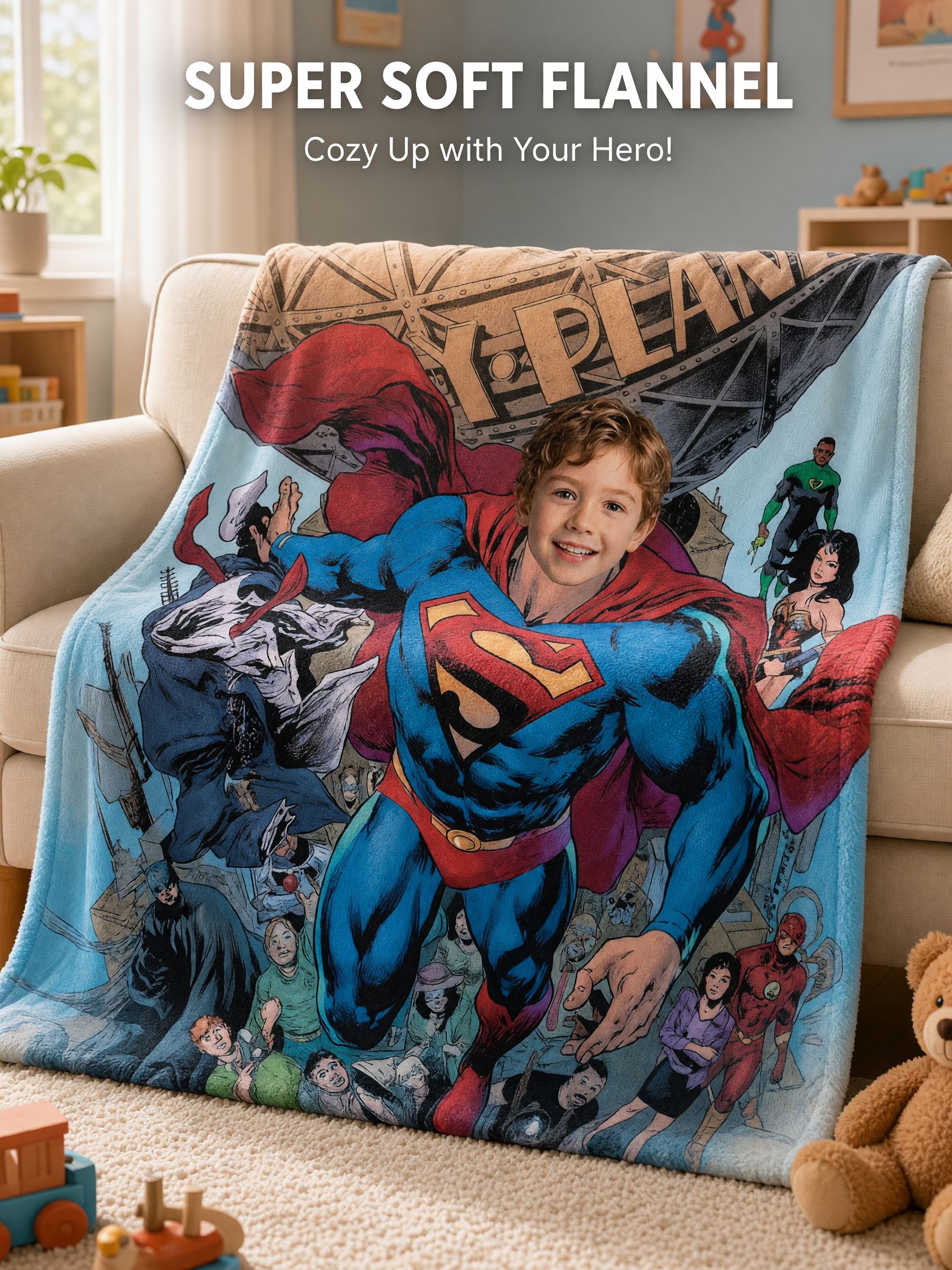 Personalized Custom Face Superhero Flannel Blanket Ultra Soft Cozy Fleece Throw Ideal Gift for Kids