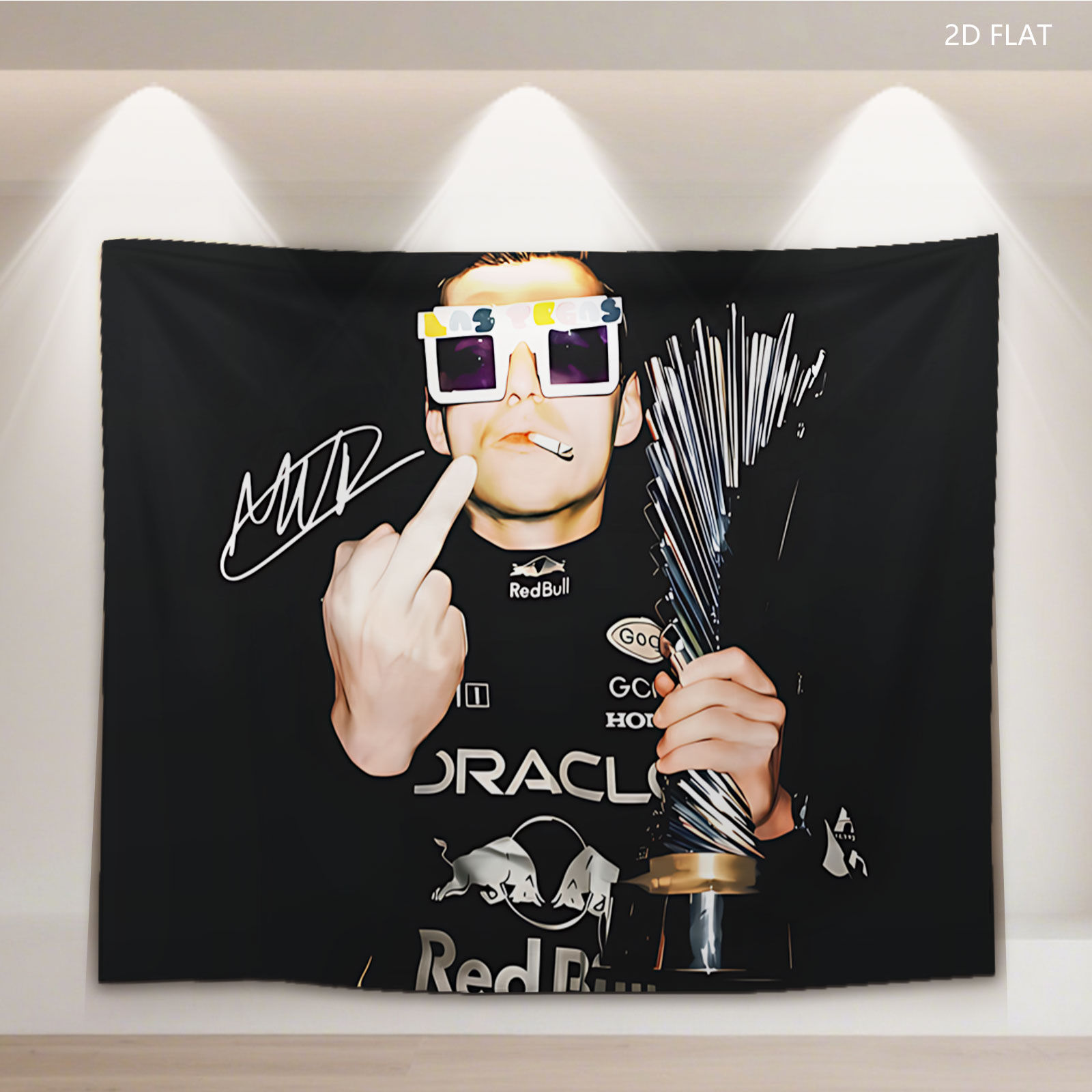 Max Verstappen in Red Bull Racing Gear, Holding Trophy and Wearing Las Vegas Sunglasses - Tapestry