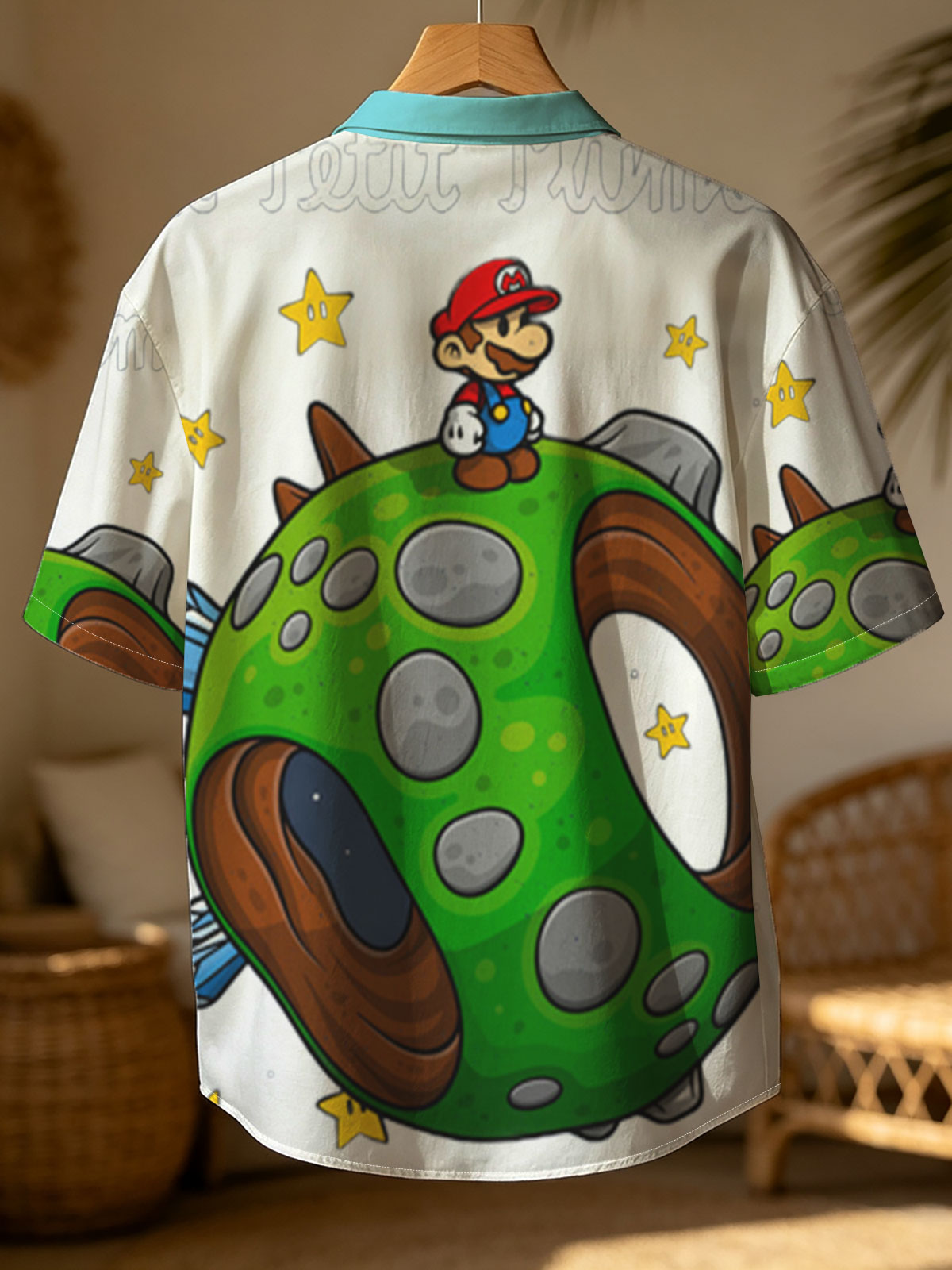 Mario on a Green Planet in Space with Stars and 