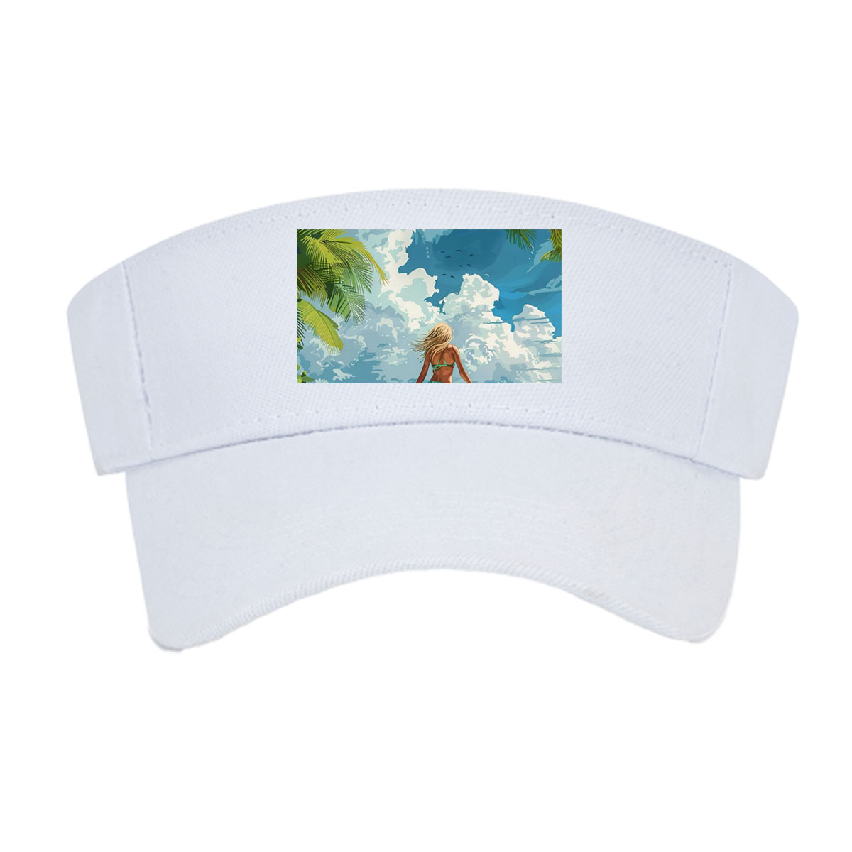 Woman surfing on tropical beach with palm trees and blue sky -  Visor cap
