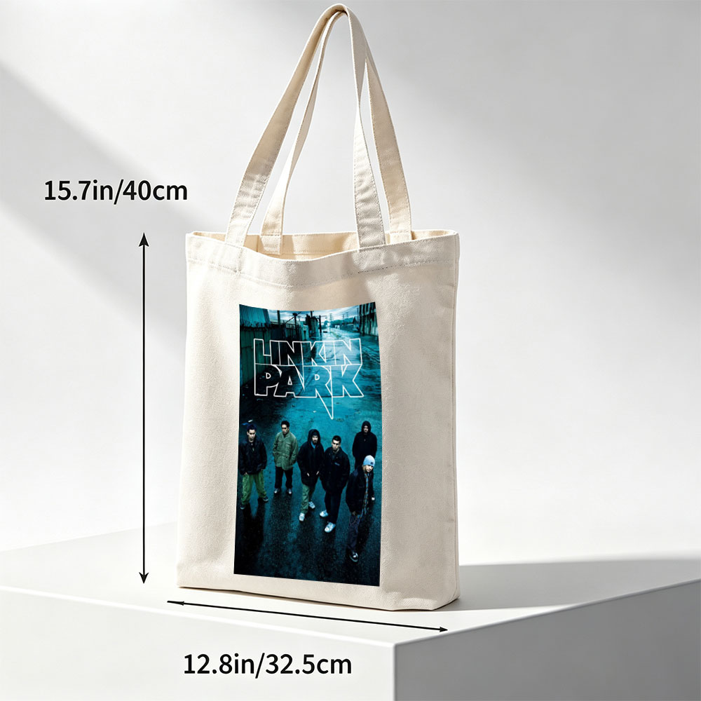 Linkin Park Band Standing in a Rainy Industrial Alleyway with Bold Logo Overlay - Canvas tote bags