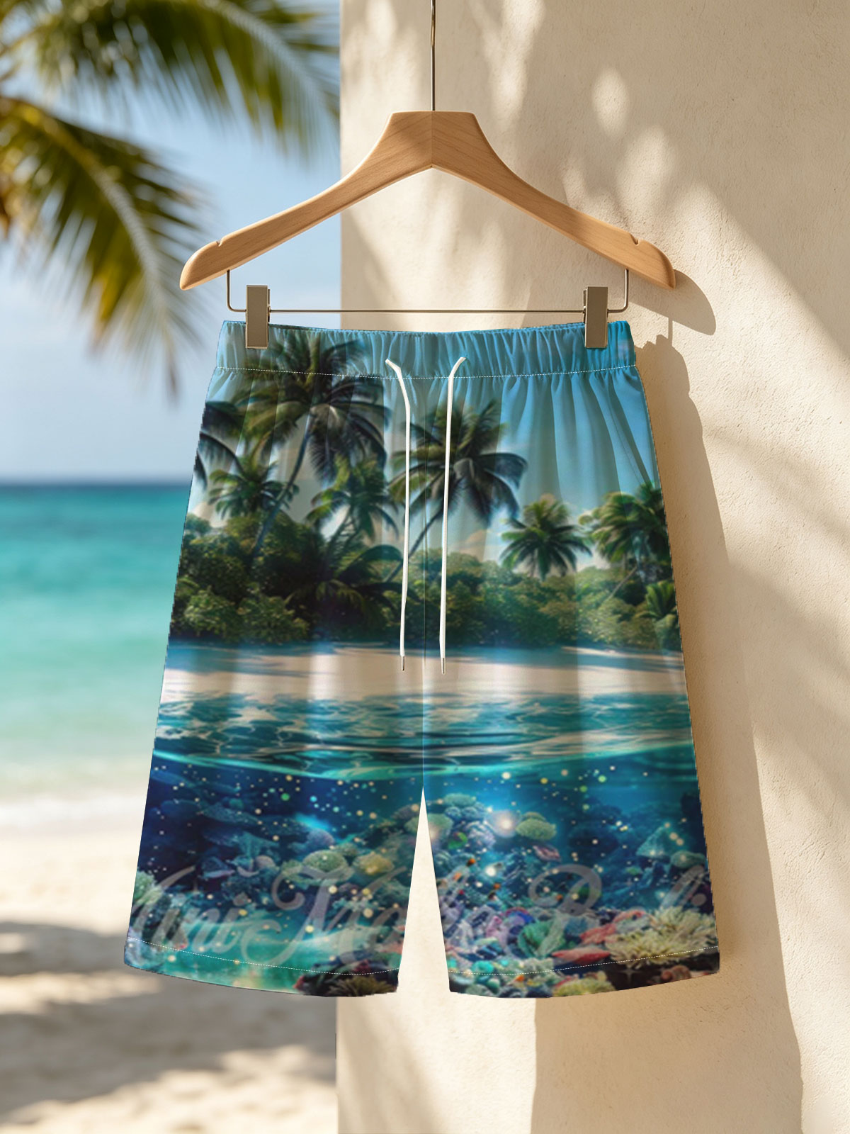 Tropical Paradise with Vibrant Coral Reef and Palm Trees -  Beach shorts