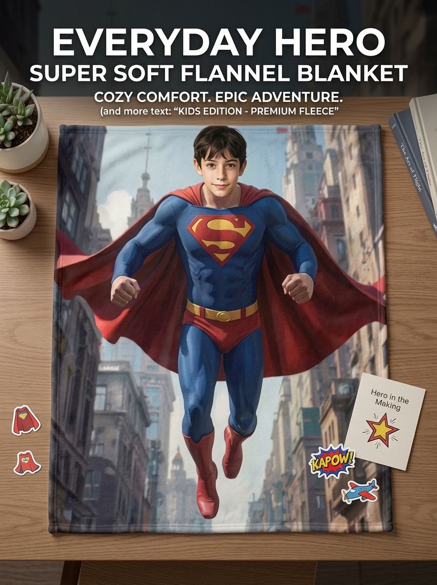 Custom Face Superhero Flannel Blanket Personalized Flying Hero Photo Throw Cozy Plush Bed Couch Gift