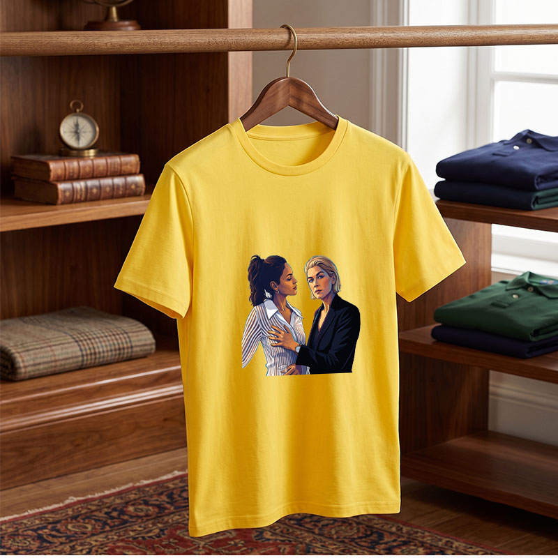 Two Women in Formal Attire Sharing an Intimate Moment - Tee