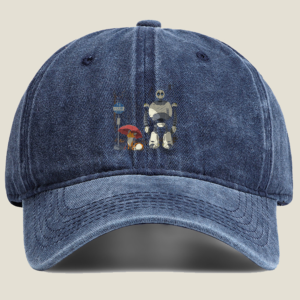 Fox and Robot Wait in the Rain - Washed Denim - Baseball Cap