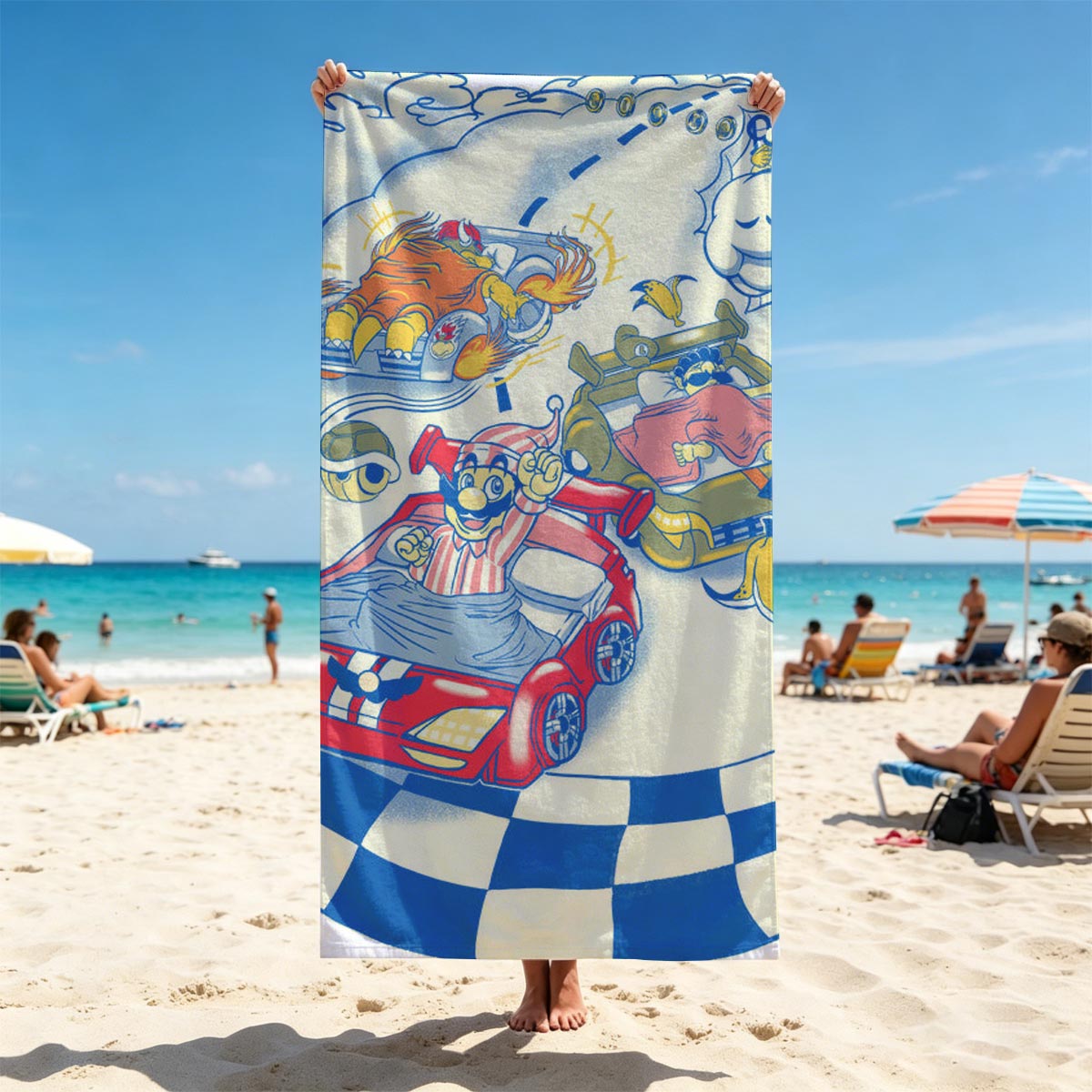 Mario Kart Dream Race: Mario, Bowser, and Koopa Troopa in a Cloudy Sky Sprint - Beach towels