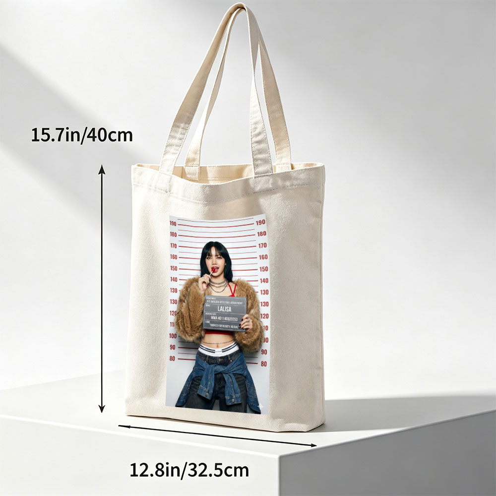 Lalisa Mugshot Scene - Black Hair, Red Lipstick, Fur Coat, and Denim Jacket in Front of Height Chart - Canvas tote bags