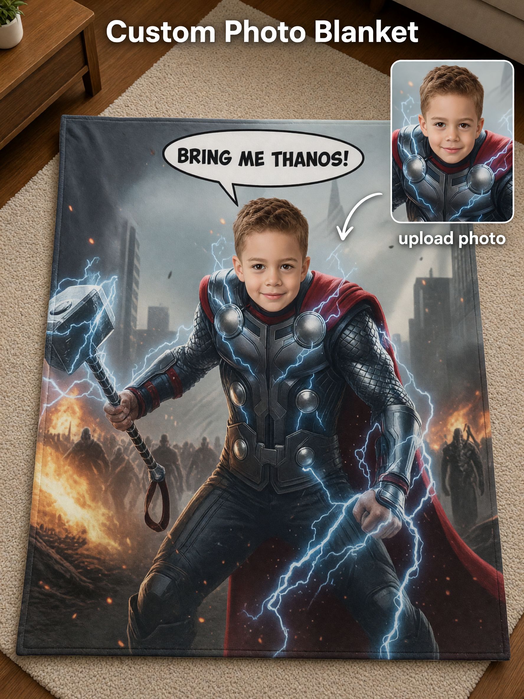 Custom Photo Superhero Flannel Blanket, Personalized Face Throw, Skin-Friendly Cozy Fleece Gift for Couch