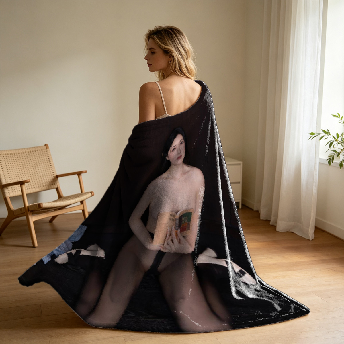 Nude blonde on leather chair with dildo - Blanket