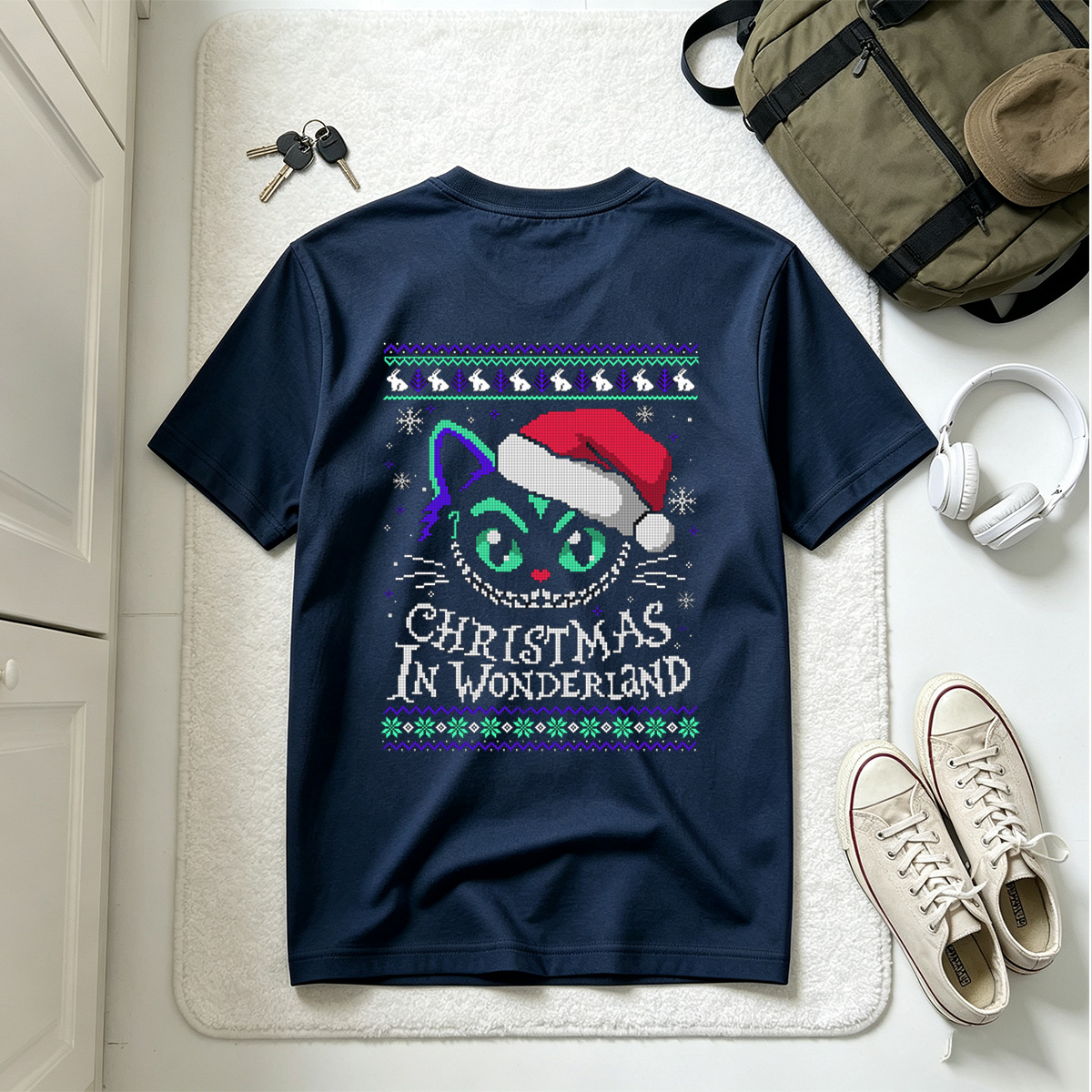 Christmas in Wonderland: Cheshire Cat Ugly Sweater Design - Tee